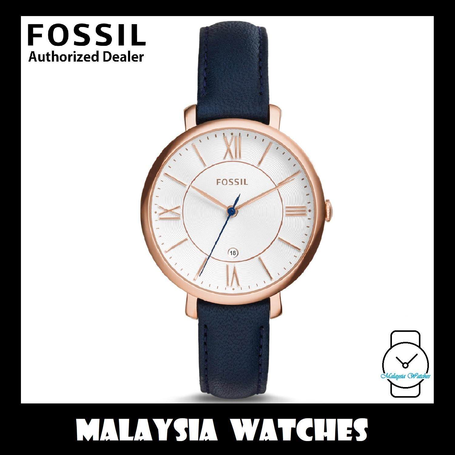 (OFFICIAL WARRANTY) Fossil Women's ES3843 Jacqueline Rose Gold Case Navy Blue Leather Watch (100% Original)