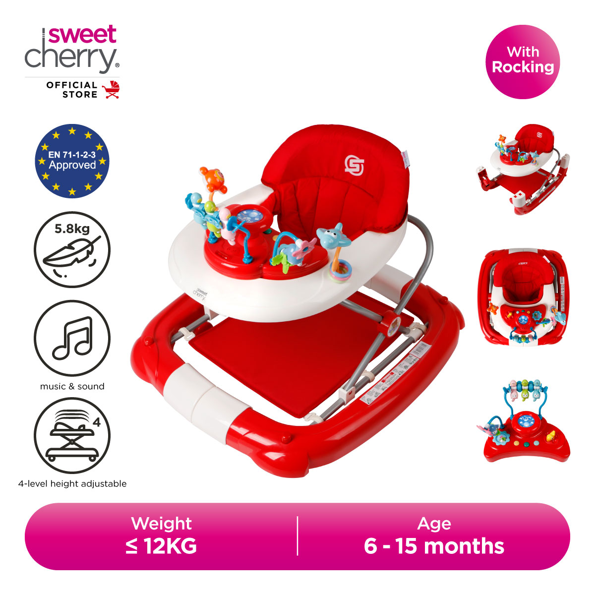 Sweet Cherry 2-in-1 Multifunctional Baby Learning Walker with Rocking System Adjustable Height with Activity Toy Tray and Music T1084H 2-in-1 Fantasy Walker