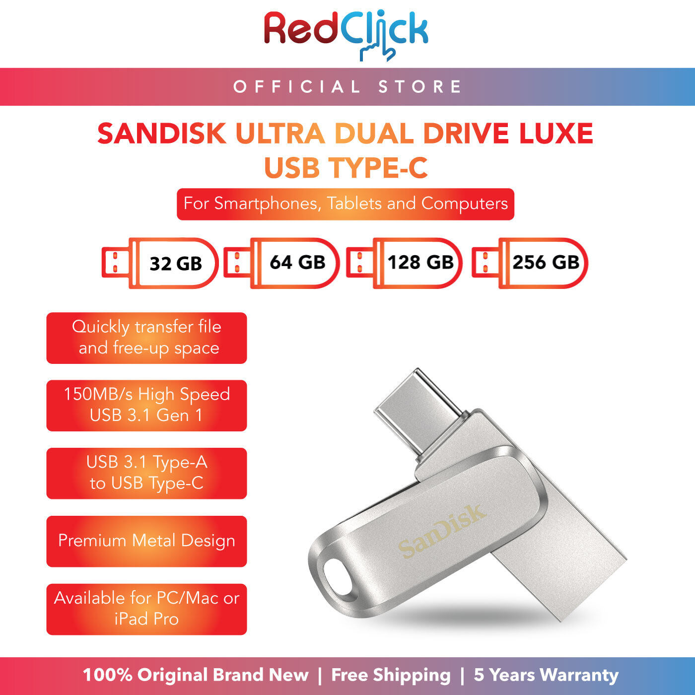 Sandisk 32GB/64GB/128GB/256GB 150MB/s Ultra Dual Drive Luxe USB 3.1 Type-C OTG Flash Drive Metal Design