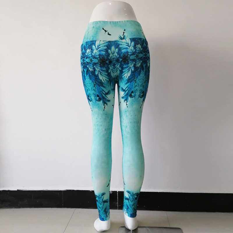 Cross-border new quick-drying blue plant digital printing yoga pants sports fitness pants running leggings women's Blue (Blue)
