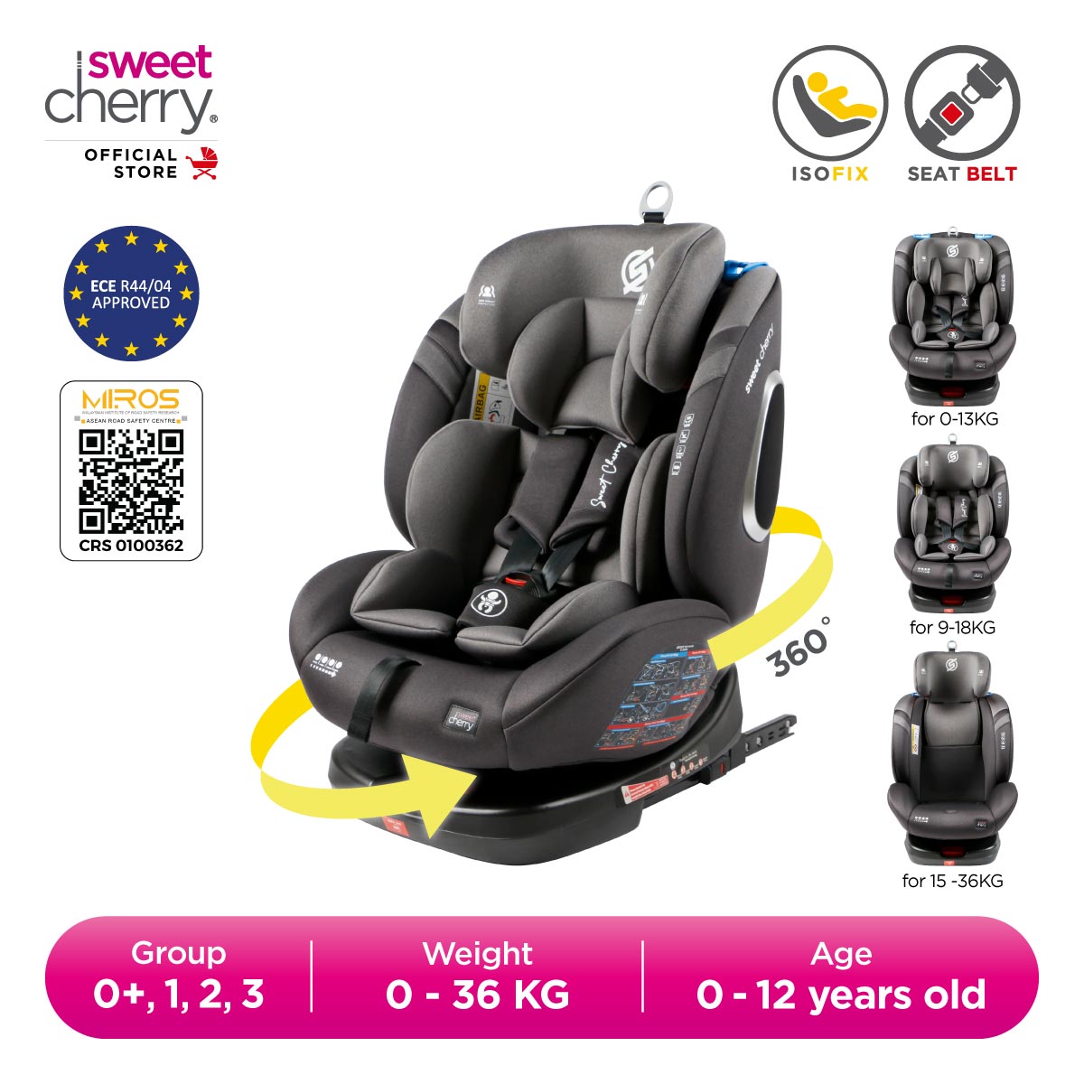 Sweet Cherry ISOFIX 360° Rotation Baby Car Seat Newborn to 12 years old Convertible YB102A Conrad Car Seat Group 0+1 2 3