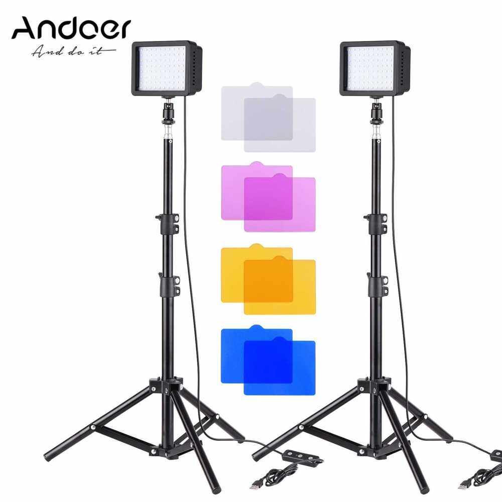 Andoer Mini USB LED Light Kit Including 10W 5600K LED Video Light Panel * 2 + 100cm/39.4inch Tripod Light Stands * 2 + Flexible Ballhead Adapter * 2 + Colors Filters * 8 for YouTube Video Studio Product Portrait Photography (Standard)