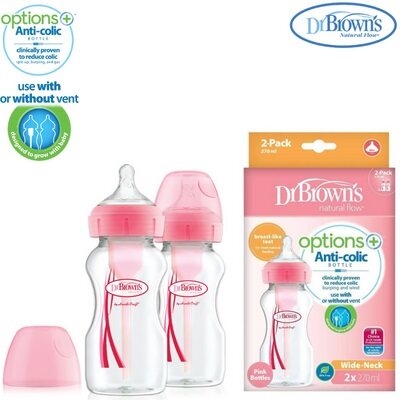 Dr Brown\'s Options+ Wide Neck 270ml Anti-Colic Bottle Twin Pack - Pink 2pcs
