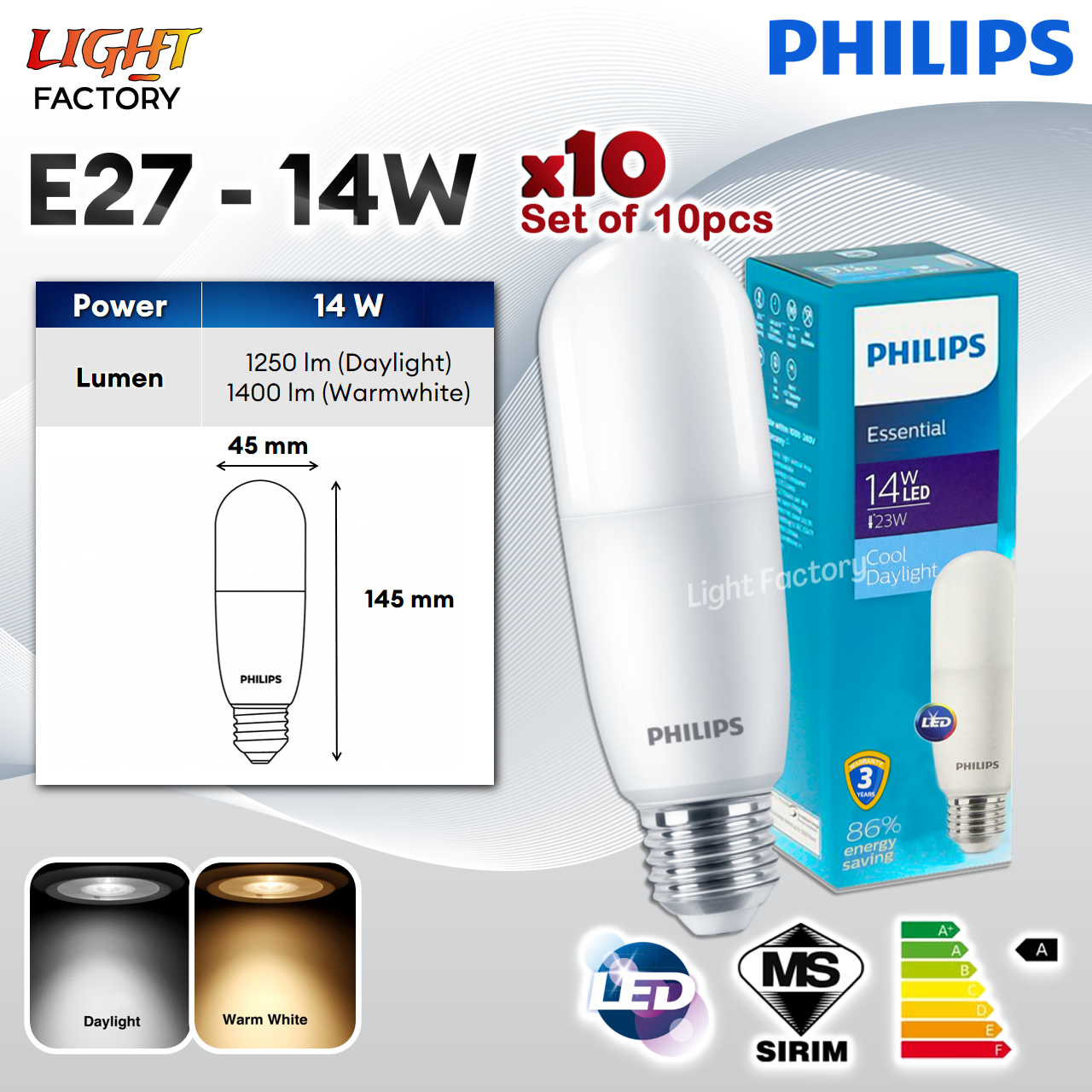 [SET of 10pcs] Philips Essential E27 6.5W / 9W / 11W / 14W Philips My Care PLC 7.5W / 9W LED Stick Bulb G24 PHILIPS Bulb