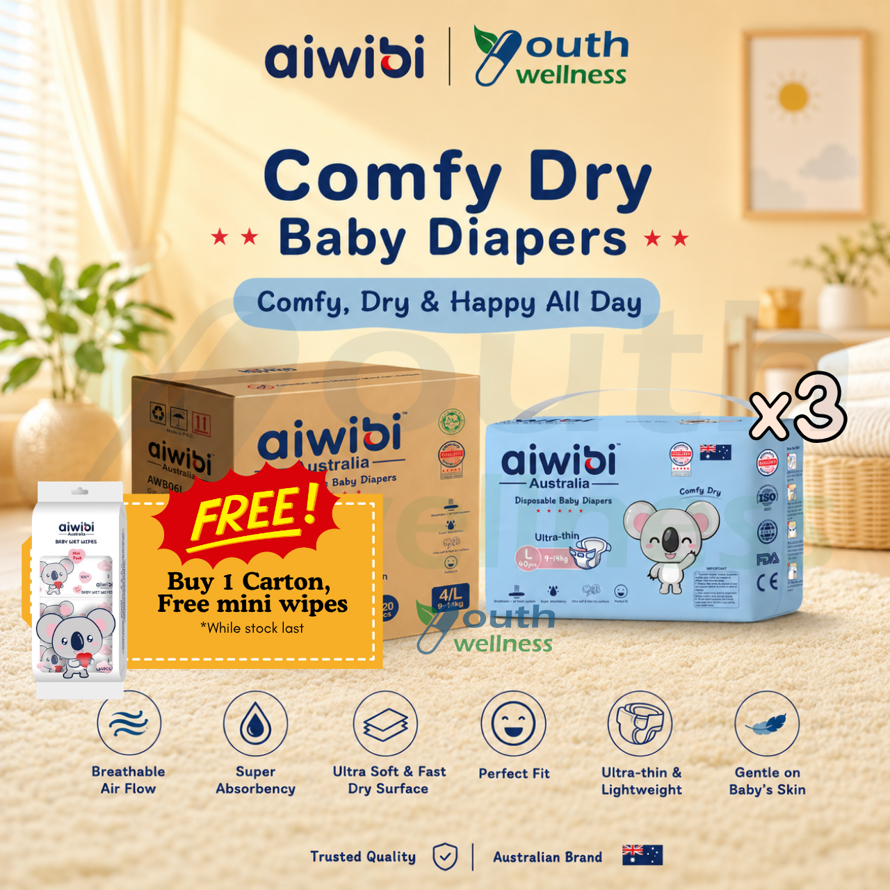 [Carton] Aiwibi Comfy Dry Baby Diaper Tape / Pants (3 Packs) 1.8mm Ultra Thin