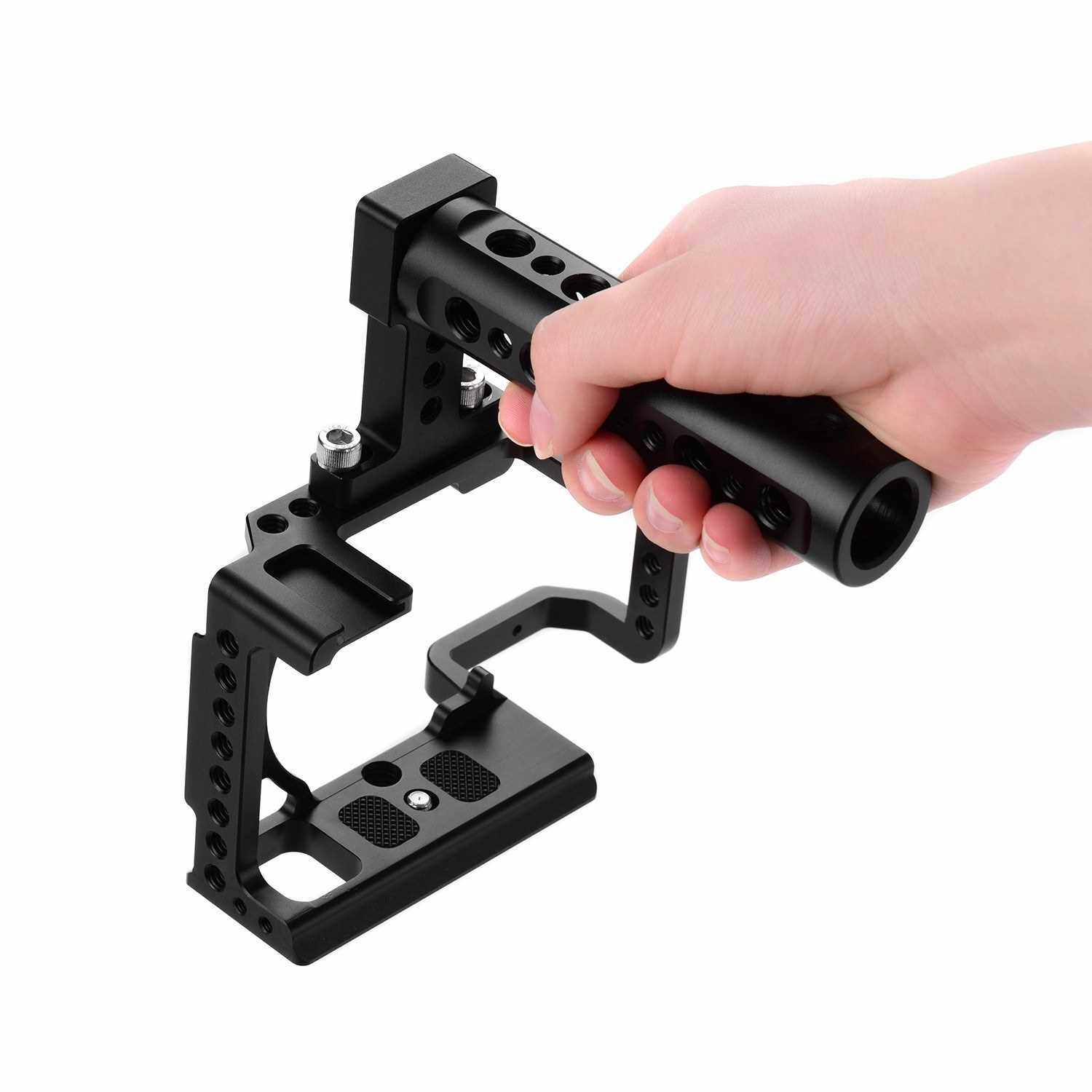 Andoer Professional Photography Camera Cage Kit Aluminum Alloy Camera Case Bracket with 1/4" 3/8" Extension Thread Holes Cold Shoe Mount Metal Handle Mini Wrench Compatible with Sony A6600,A6500,A6400,A6300,A6000 (Standard)