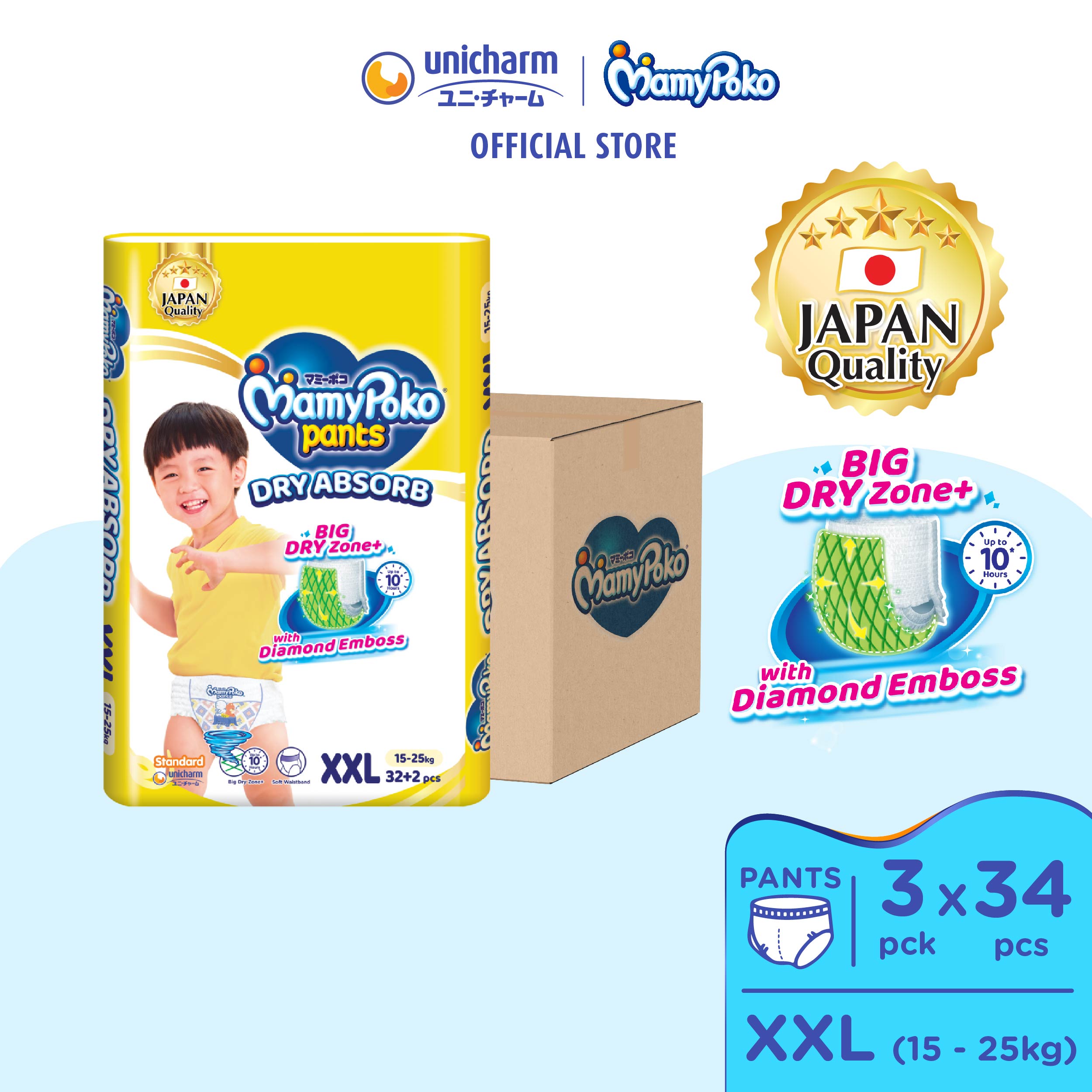 MamyPoko Standard Dry Absorb Pants Baby Diapers XXL32+2 (3 Packs) (15 - 25kg)
