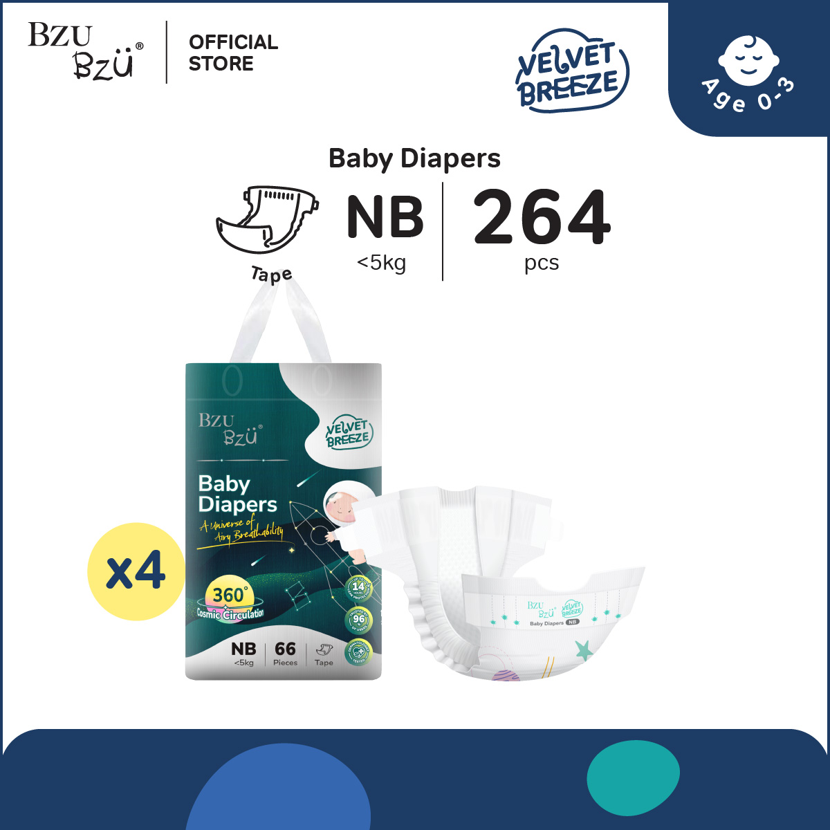 BZU BZU VelvetBreeze Baby Diapers Tape Carton Deals (4 Packs)