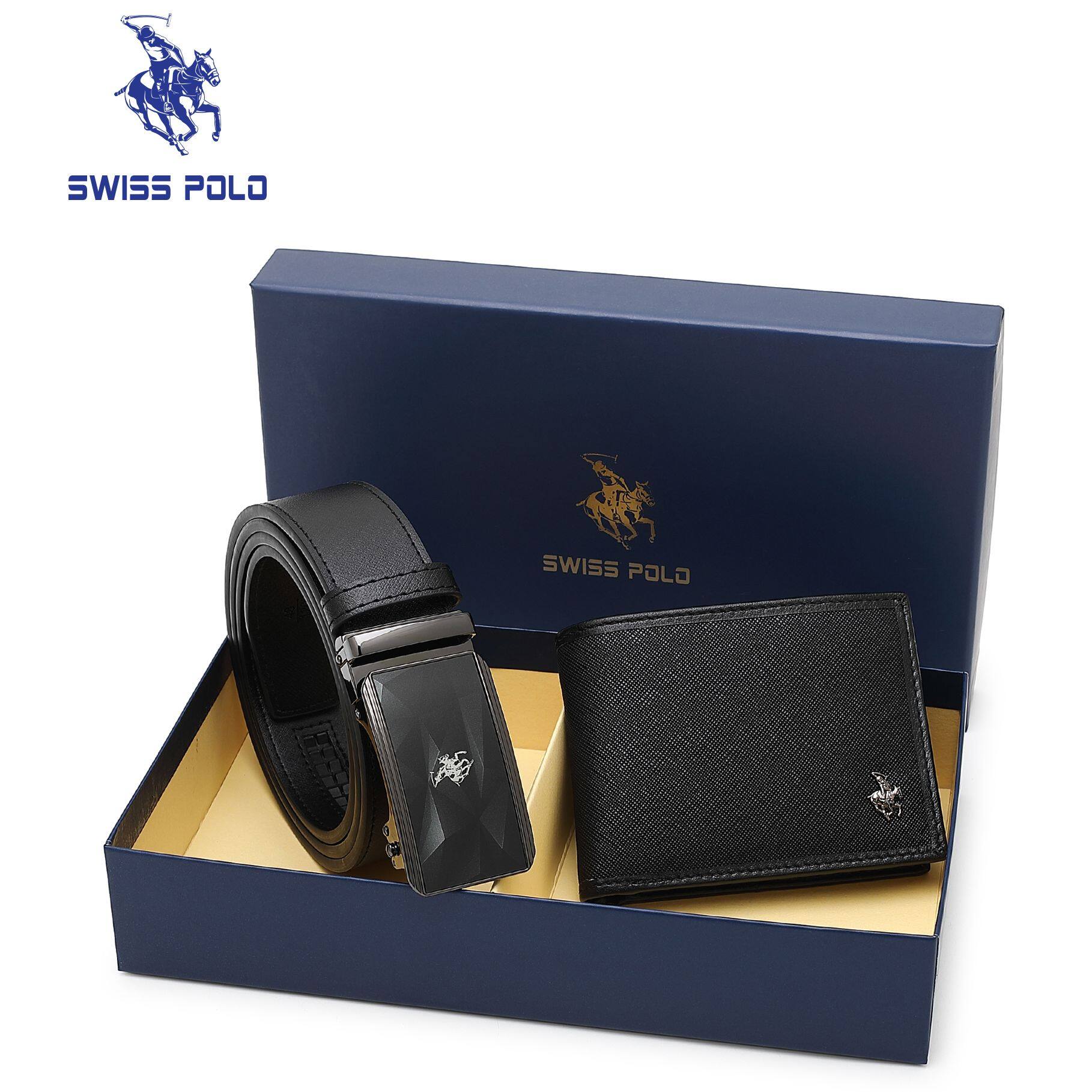 SWISS POLO Gift Set/ Box RFID Bifold Wallet With Belt SGS 555-2 BLACK