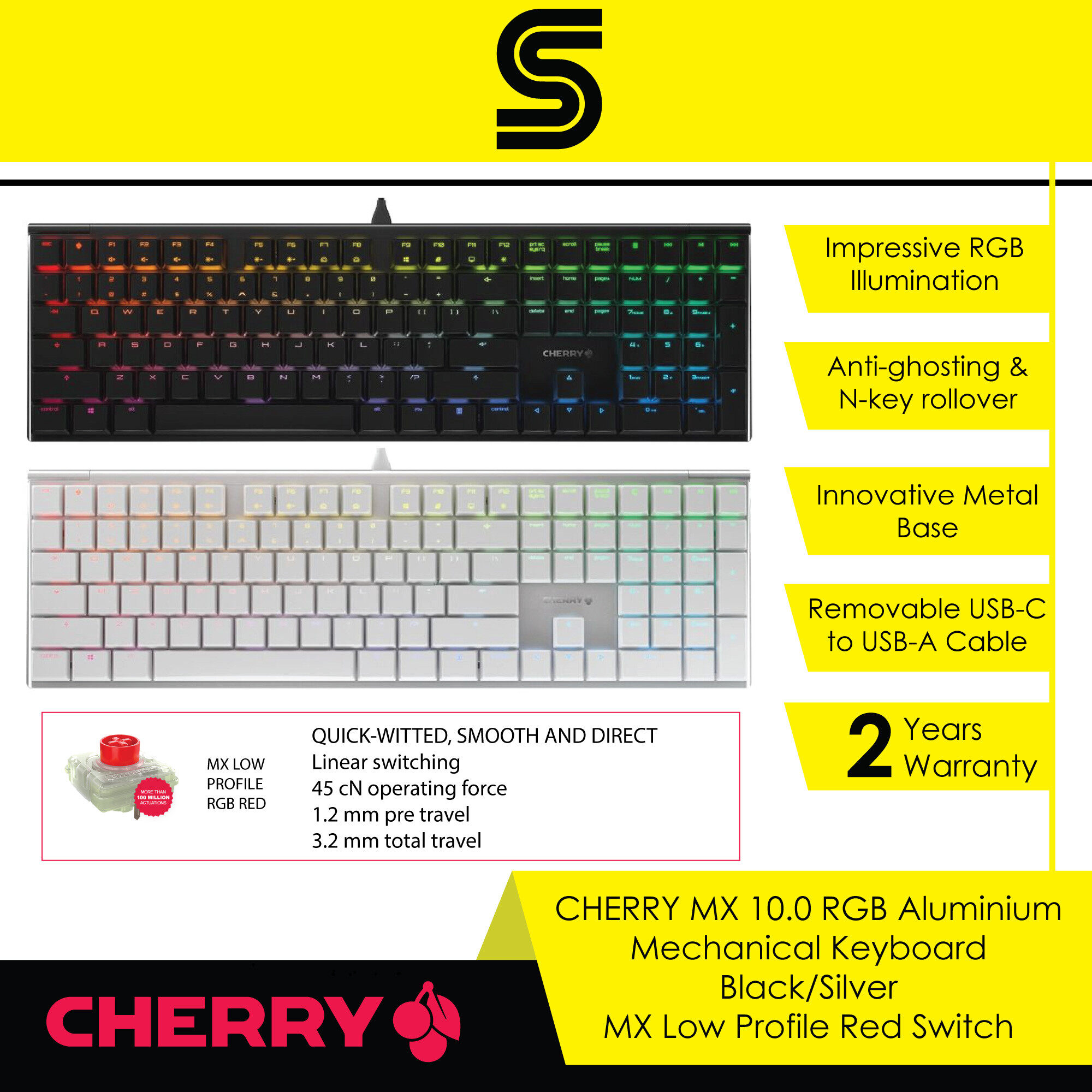 CHERRY MX 10.0 RGB Aluminium Mechanical Keyboard - Black/Silver - MX Low Profile Red Switch