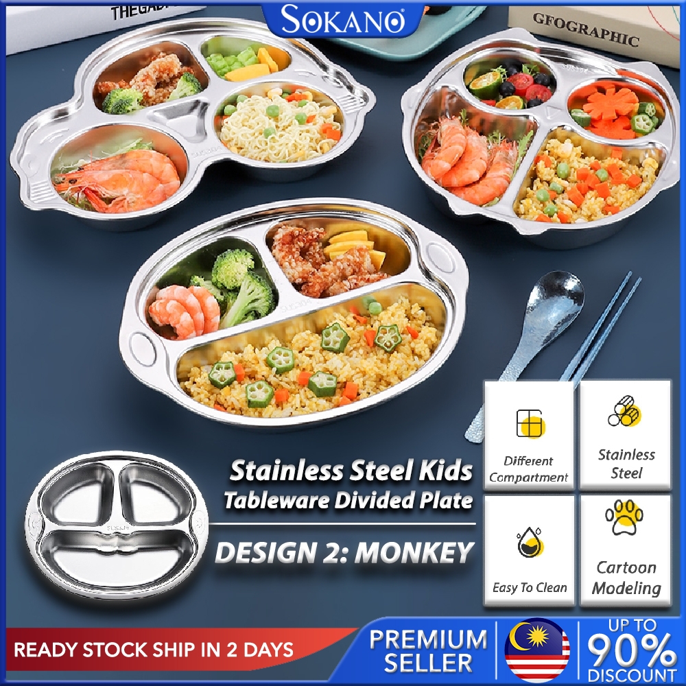 SOKANO FC013 Stainless Steel Kids Tableware Divided Plate Japanese Style Stainless Steel Creative Cartoon Divided Plate Baby and Children Tableware Plate BPA-Free Safe Non-Toxic Baby Feeding Baby Learn Eating