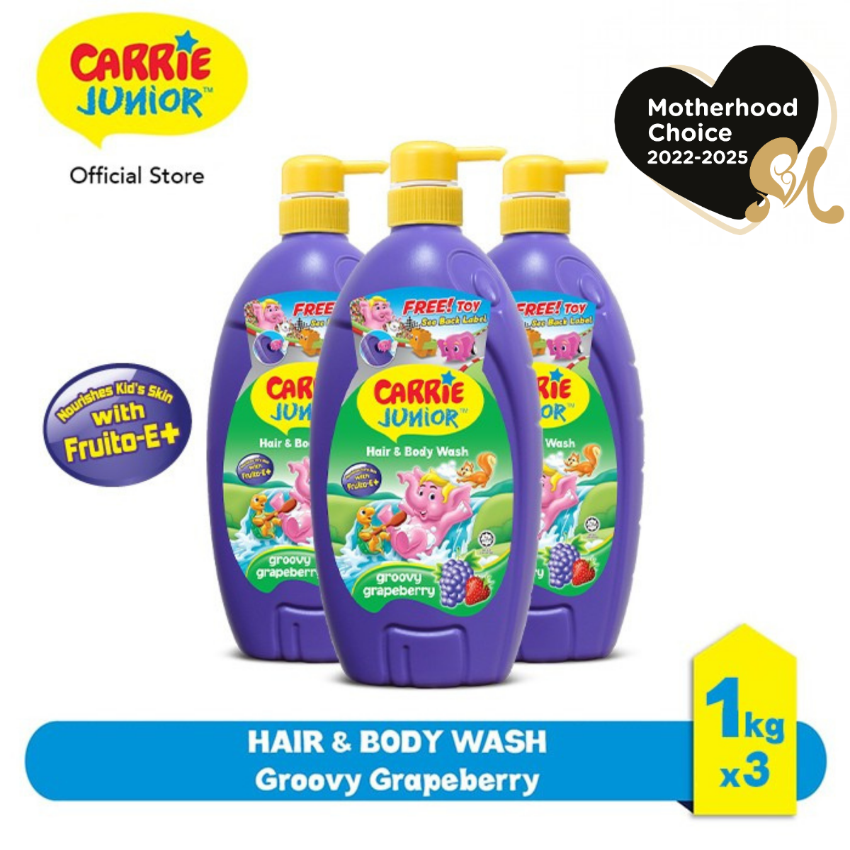 [Bundle of 3] CARRIE JUNIOR Hair & Body Wash - Groovy Grapeberry (1000g) [New Toy] Nourishing & Moisturising Skin
