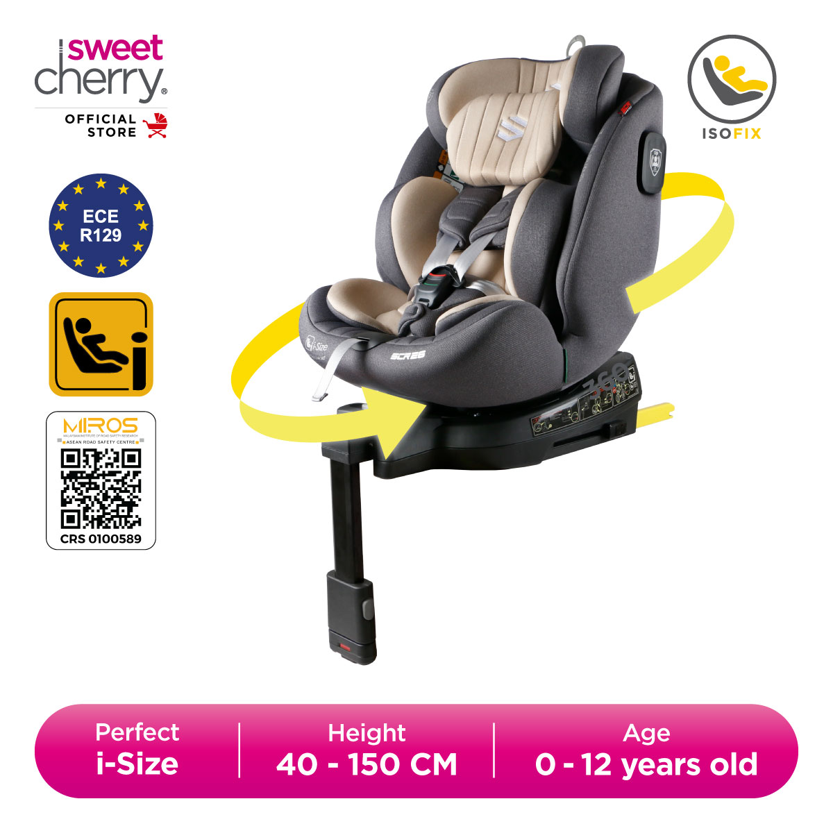 Sweet Cherry SCR Series ECE R129 360° Rotation Convertible Car Seat ST-7 ST7 SCR26 i-Size ISOFIX with Leg Support & Buckle Alarm System Baby Car Seat