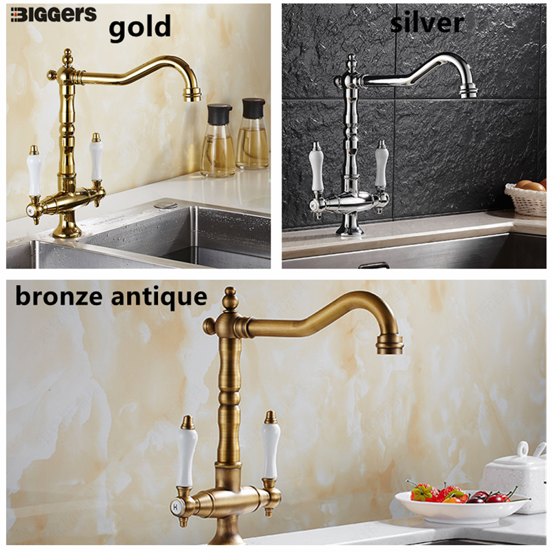 Biggers đôi xử lý kiểm soát Vòi Nước Nhà Bếp lạnh nóng vòi nước nóng lạnh xoay màu đồng màu bạc