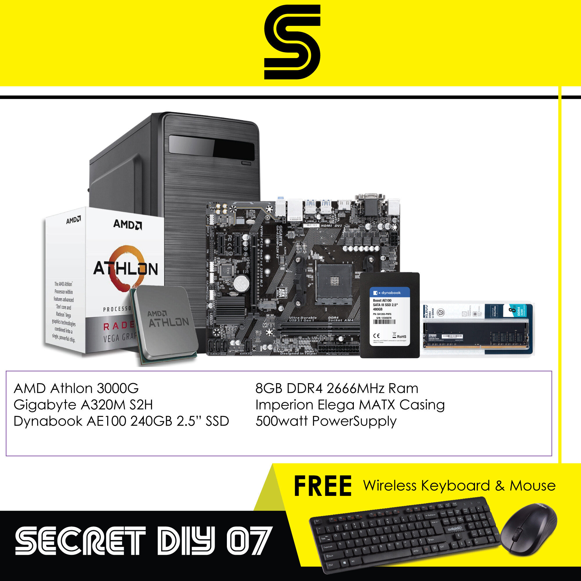 AMD Athlon Secret DIY 07 PC - AMD Athlon 3000G/A320M Motherboard/8GB RGB DDR4 Ram/240GB 2.5" SSD/MATX Case/500w PowerSupply