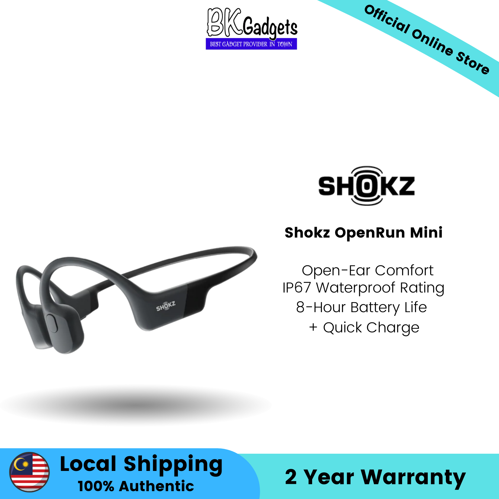 Shokz OpenRun Mini - Open-Ear Comfort | IP67 Waterproof Rating | 8-Hour Battery life + Quick Charge