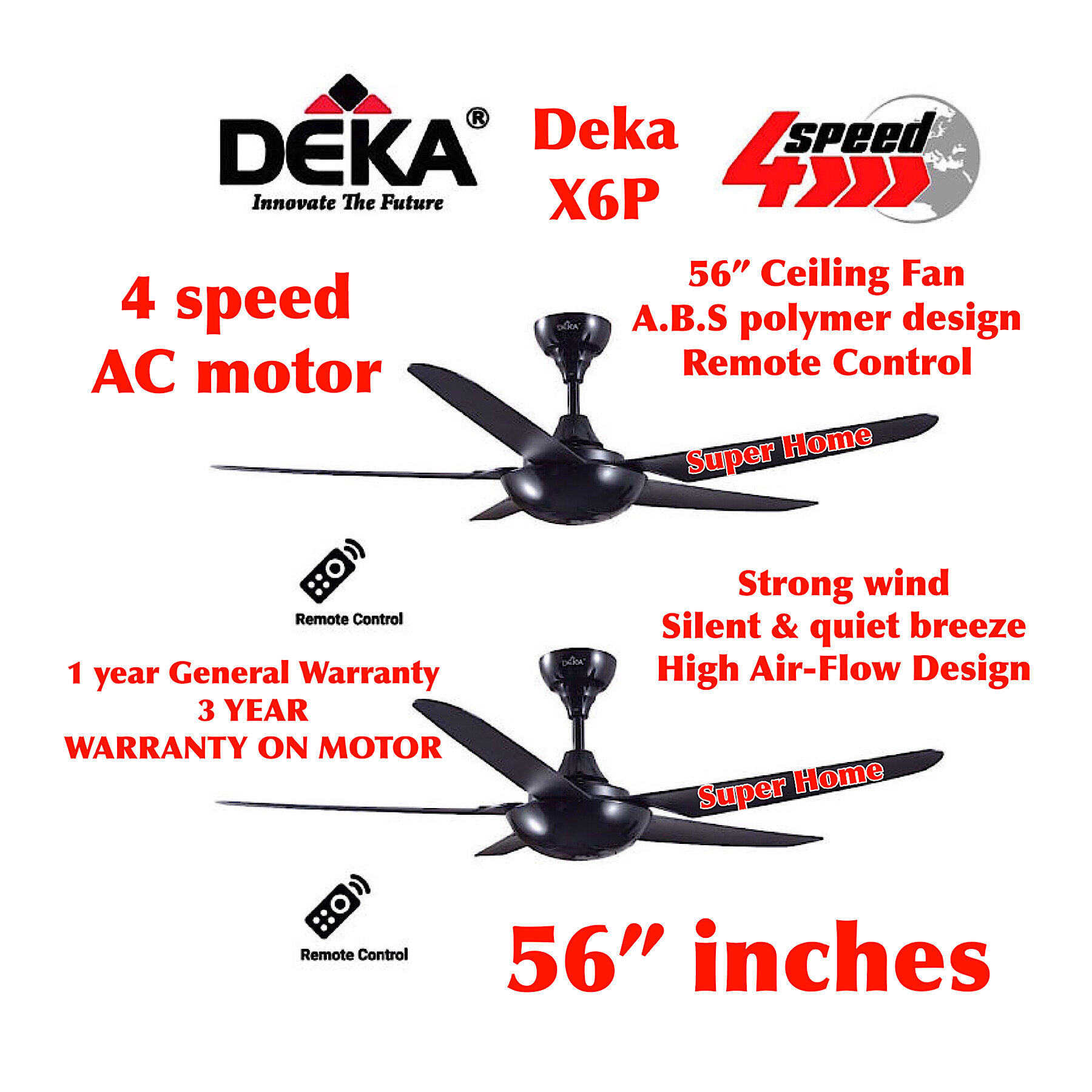 [2 unit] Deka X6P 56 inch 4 Speed Ceiling Fan With Remote Control - 5 Blades A.B.S Polymer Design (Twin Pack) - Black - 4 speed