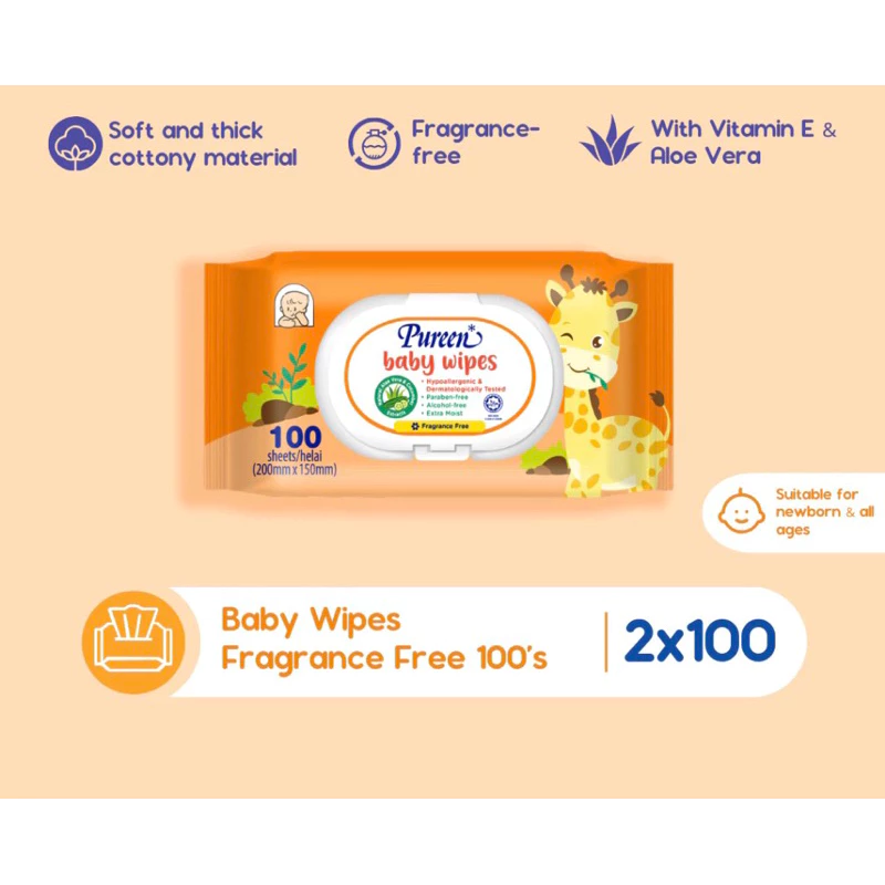 PUREEN BABY WIPES (FRAGRANCE FREE) 2 x 100S NEW PACKAGING