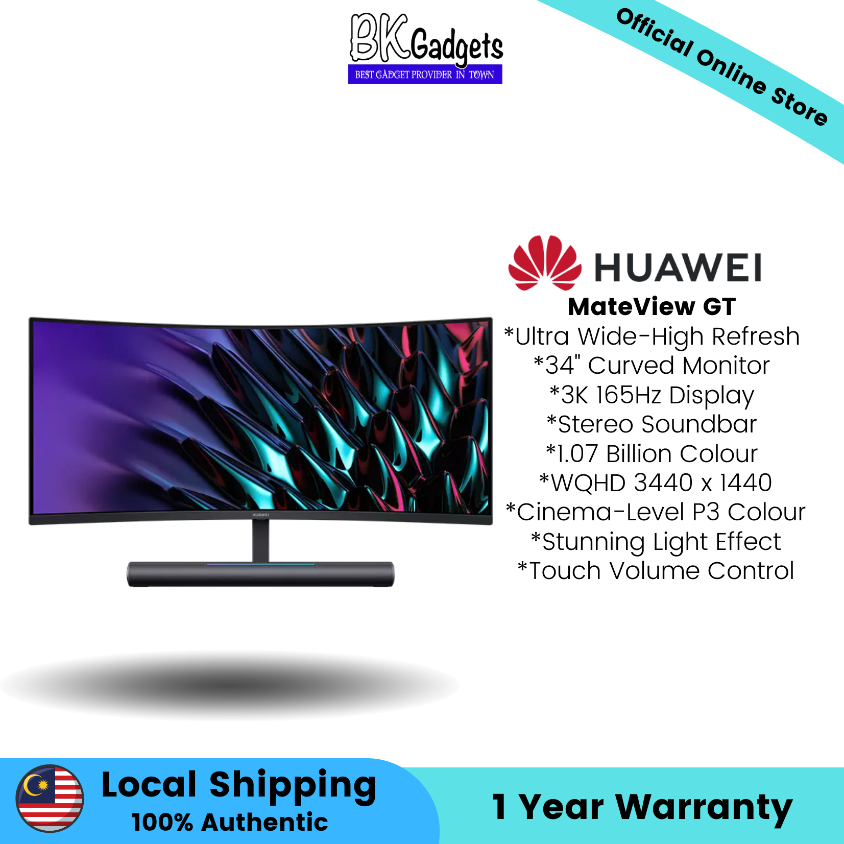 Huawei MateView GT - 34" Curved Monitor | Stereo Soundbar | Touch Volume Control