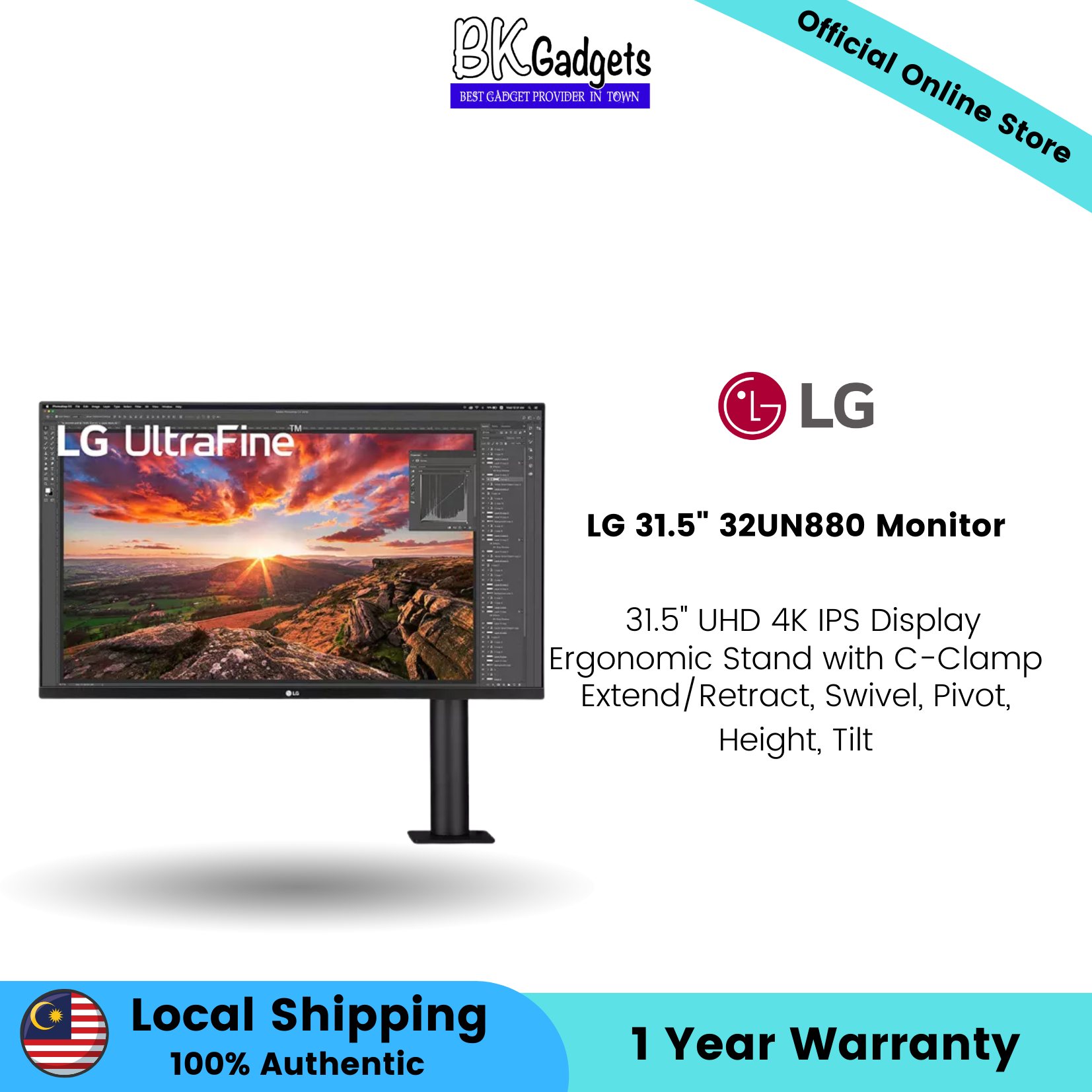 LG 31.5Inch 32UN880 Monitor - 31.5Inch UHD 4K IPS Display | Ergonomic Stand with C-Clamp | Extend/Retract, Swivel, Pivot, Height, Tilt