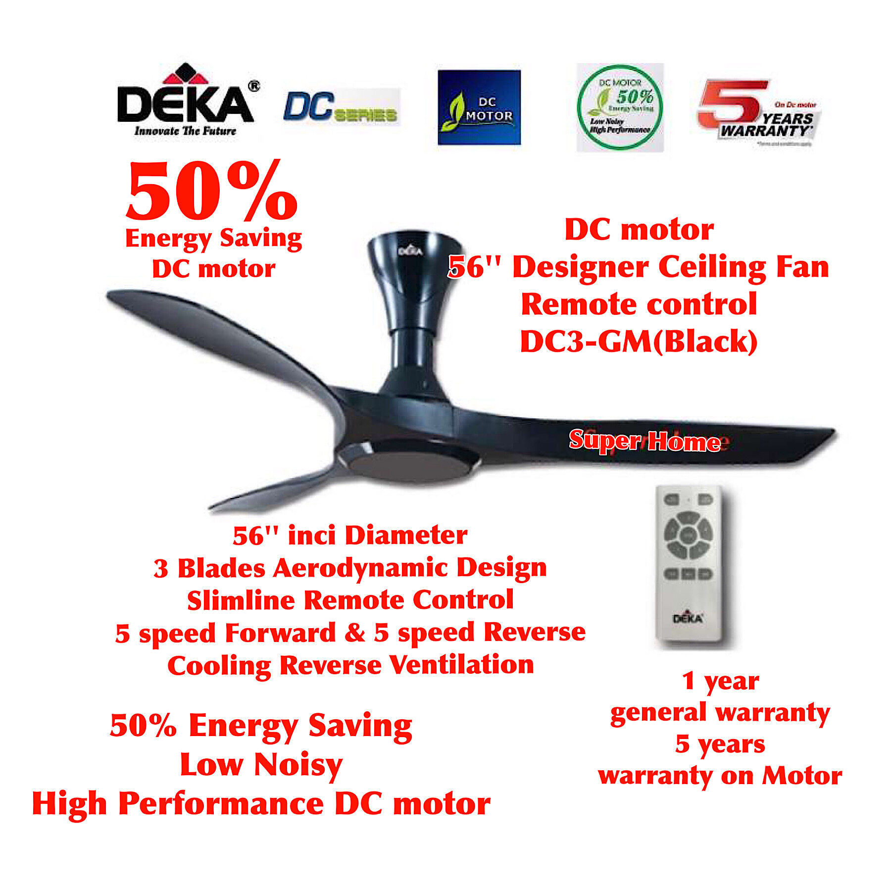 Deka DC3 (GM) Energy Saving DC motor 56 inch 3 Blades A.B.S Modern Design Ceiling Fan with Remote Control DC3-Black - 5 speed Forward & 5 speed Reverse