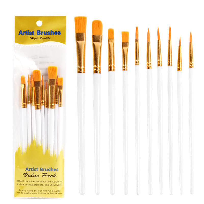 10pcs Set Watercolor Gouache Paint Brush Different Shape Round Pointed Tip Nylon Hair Painting Brushes Art Supplies 水彩笔