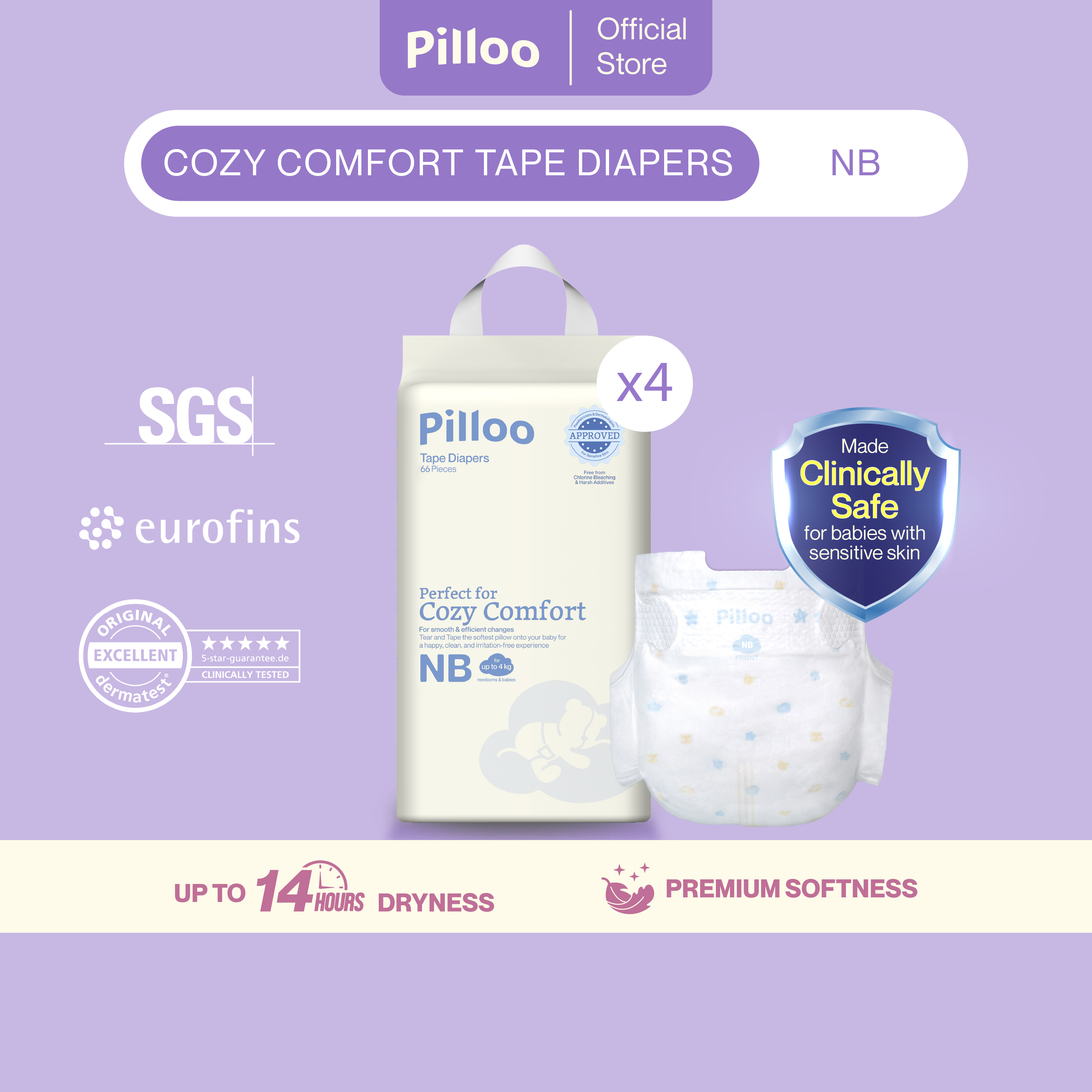 Pilloo Cozy Comfort Baby Tape Diapers NB264/S264/M208 (Bundle of 4)