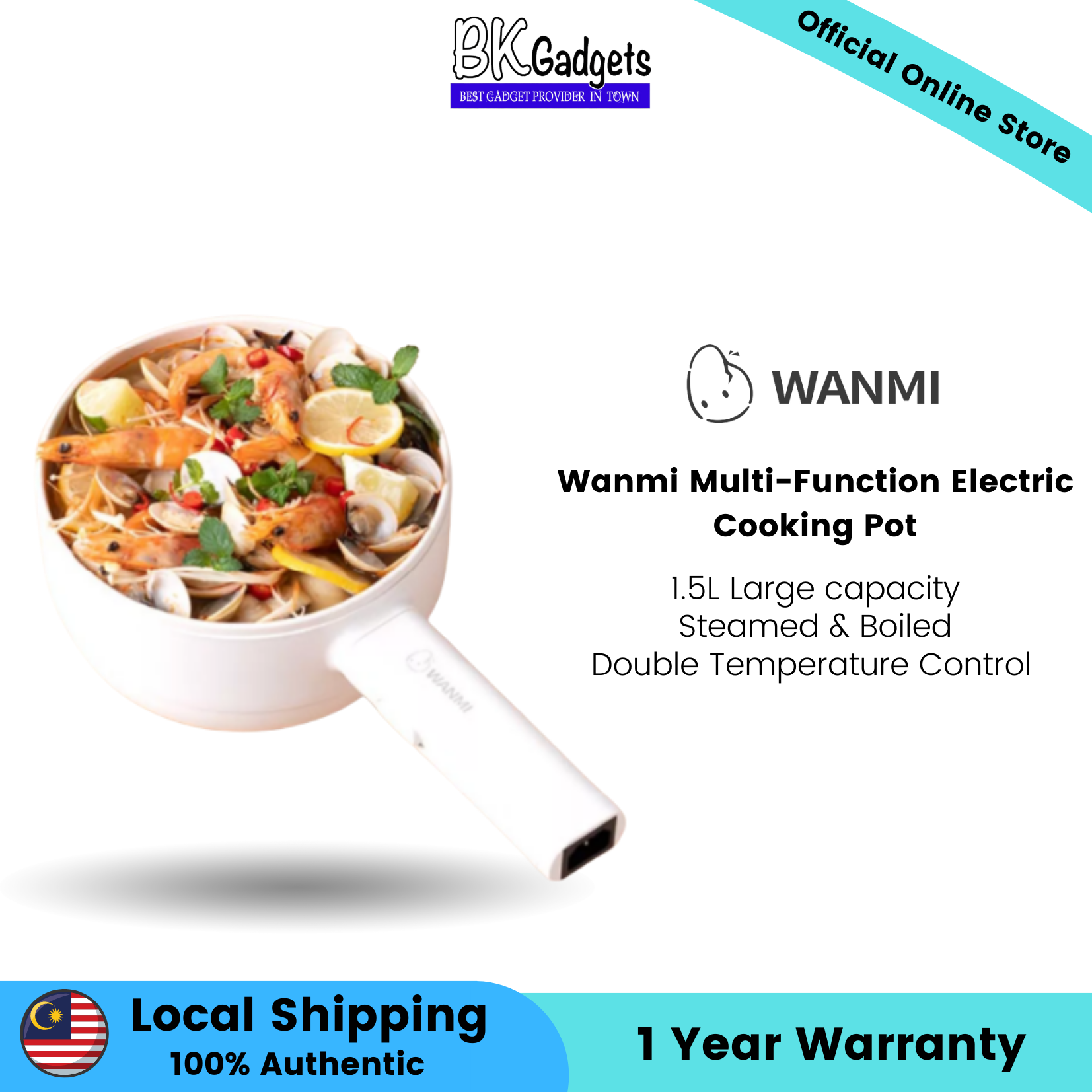 Wanmi Multi-Function Electric Cooking Pot | 1.5L Large Capacity | Steamed & Boiled (Steamer Included) | Double Temperature Control