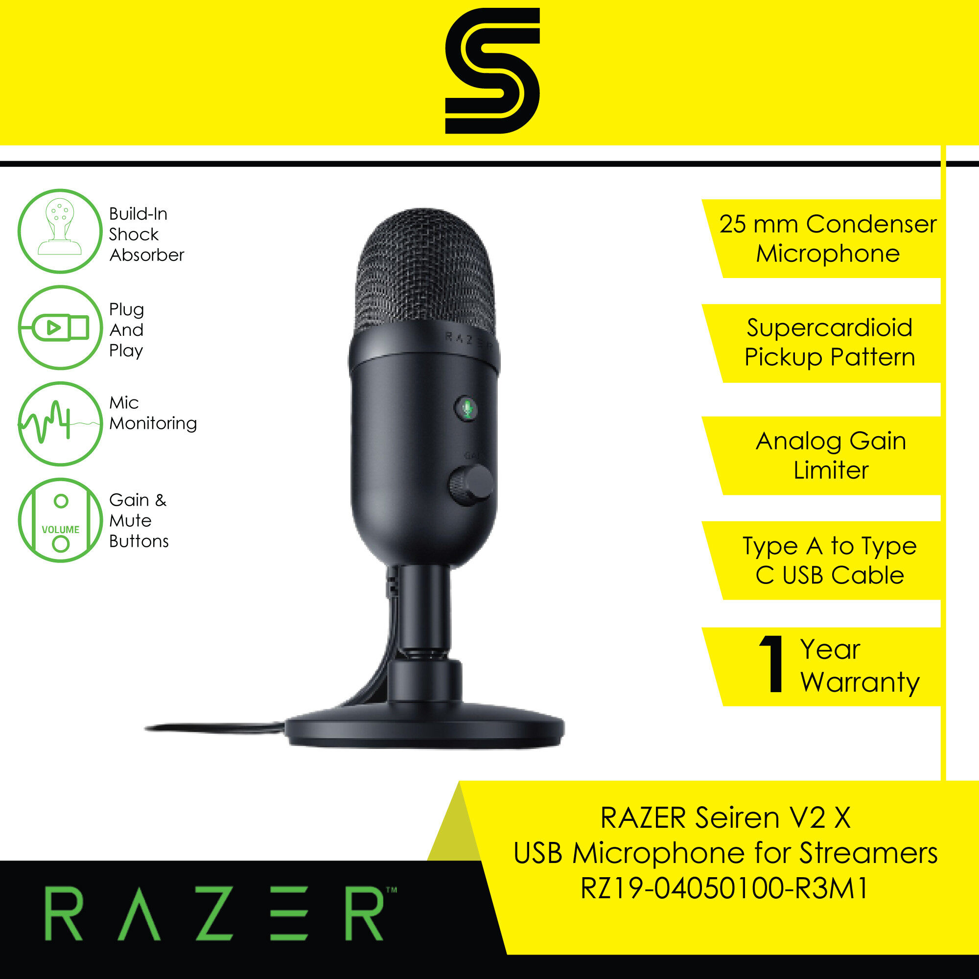 RAZER Seiren V2 X USB Microphone for Streamers - RZ19-04050100-R3M1