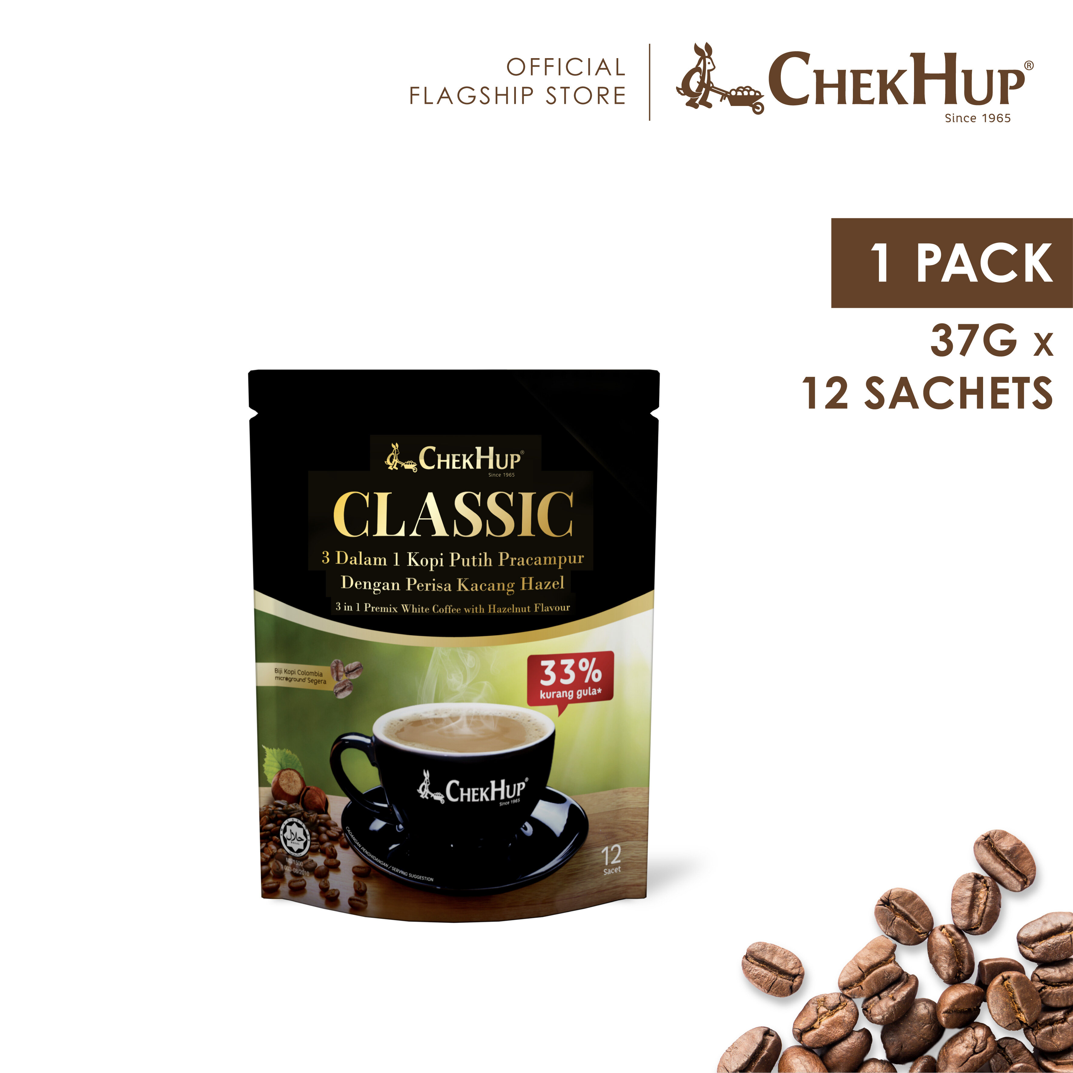 Chek Hup 3in1 Classic Colombian White Coffee with Hazelnut (33% Less Sugar) 37g x 12s