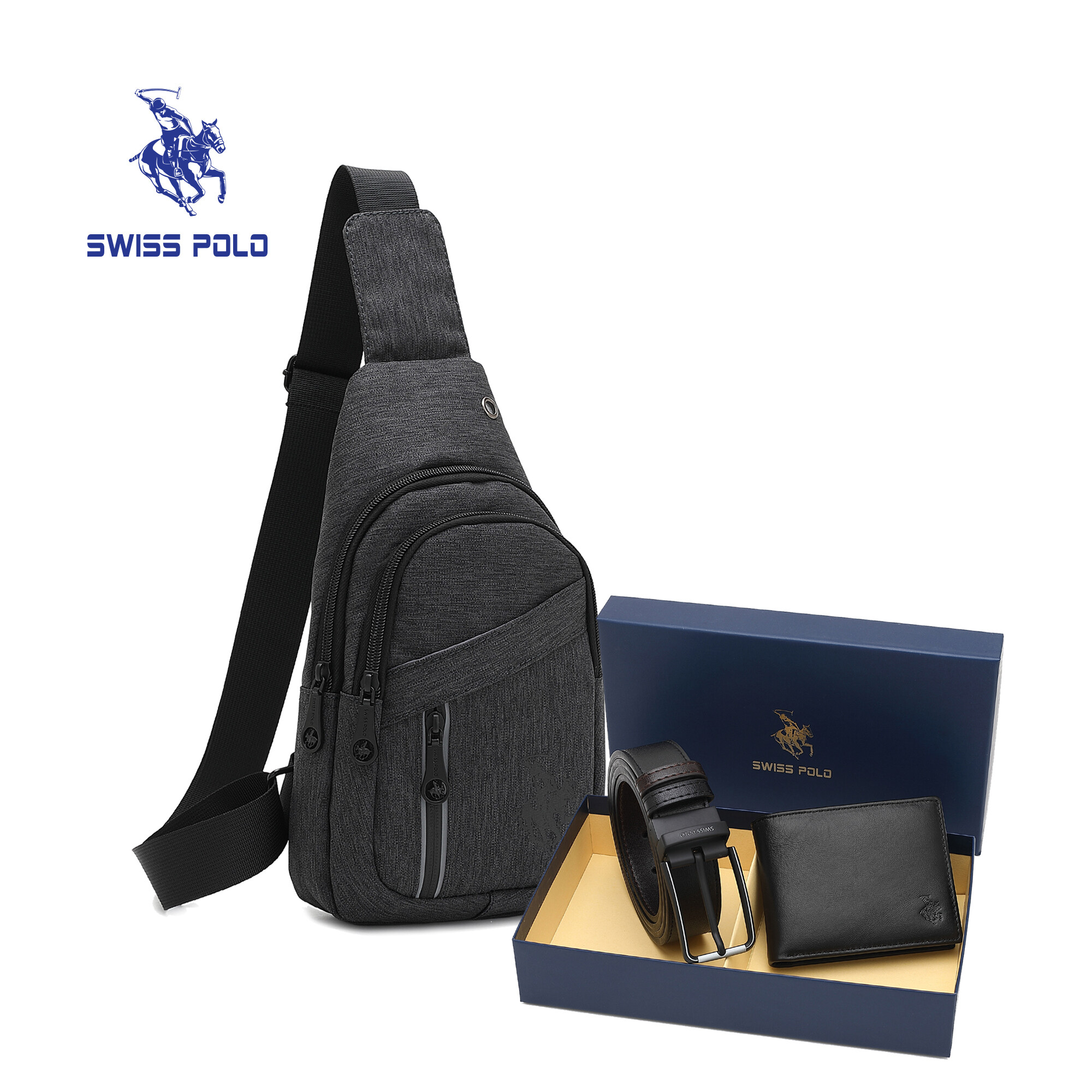 SWISS POLO Gift Set/ Box Chestbag And Genuine Leather Bifold Wallet With Belt SGS 563-2 BLUE/GREY