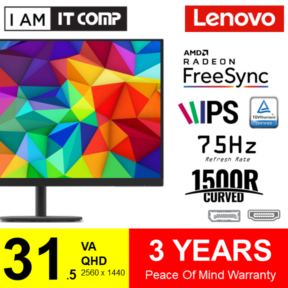 LENOVO 31.5 Inch D32qc-20 QHD IPS 75Hz Curved Monitor with TUV Low Bluelight & AMD Free Sync ( D32QC )