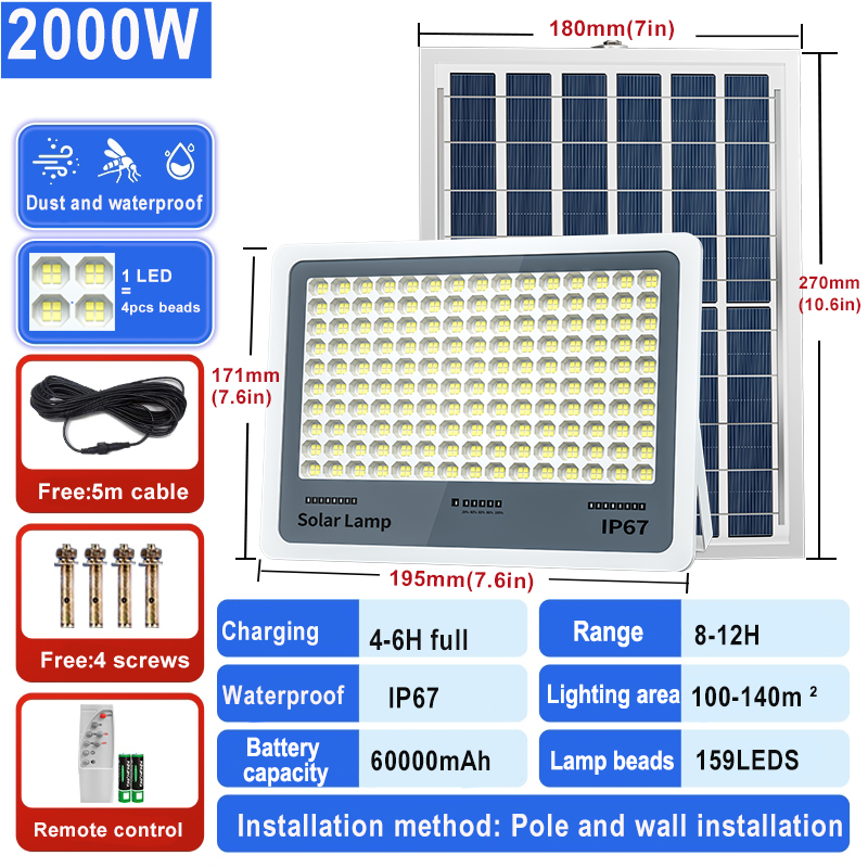 12000W Lampu Solar Solar Outdoor Light Waterproof Super Battery Life Solar Light Outdoor Auto On/Off LED Solar Outdoor Light Free Solar Panel with Remote Control Solar Spotlight Outdoor Solar Led Outdoor Light Suitable for Patios Garages Verandas