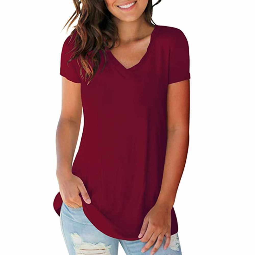 New Fashion Women T-shirt Solid Color V Neck Short Sleeve Rounded Hem Long Casual Party Wear Summer Tops (Burgundy)