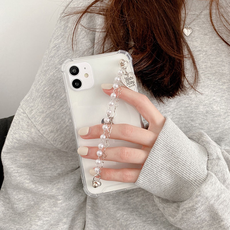 【forest-protective】 Luxury Crystal Pearl Love Heart Wrist Chian Phone Case For iPhone 13ProMax 11Promax 6 6S 7 8 Plus XSMAX XR SE 2020 Strap Cases