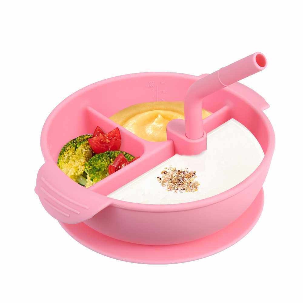 One-piece Silicone Placemat with Cover and Straw BPA-Free Heat-resistant Baby Food Plate Mat with 3 Separated Placement for Toodlers Kids Children (Pink)