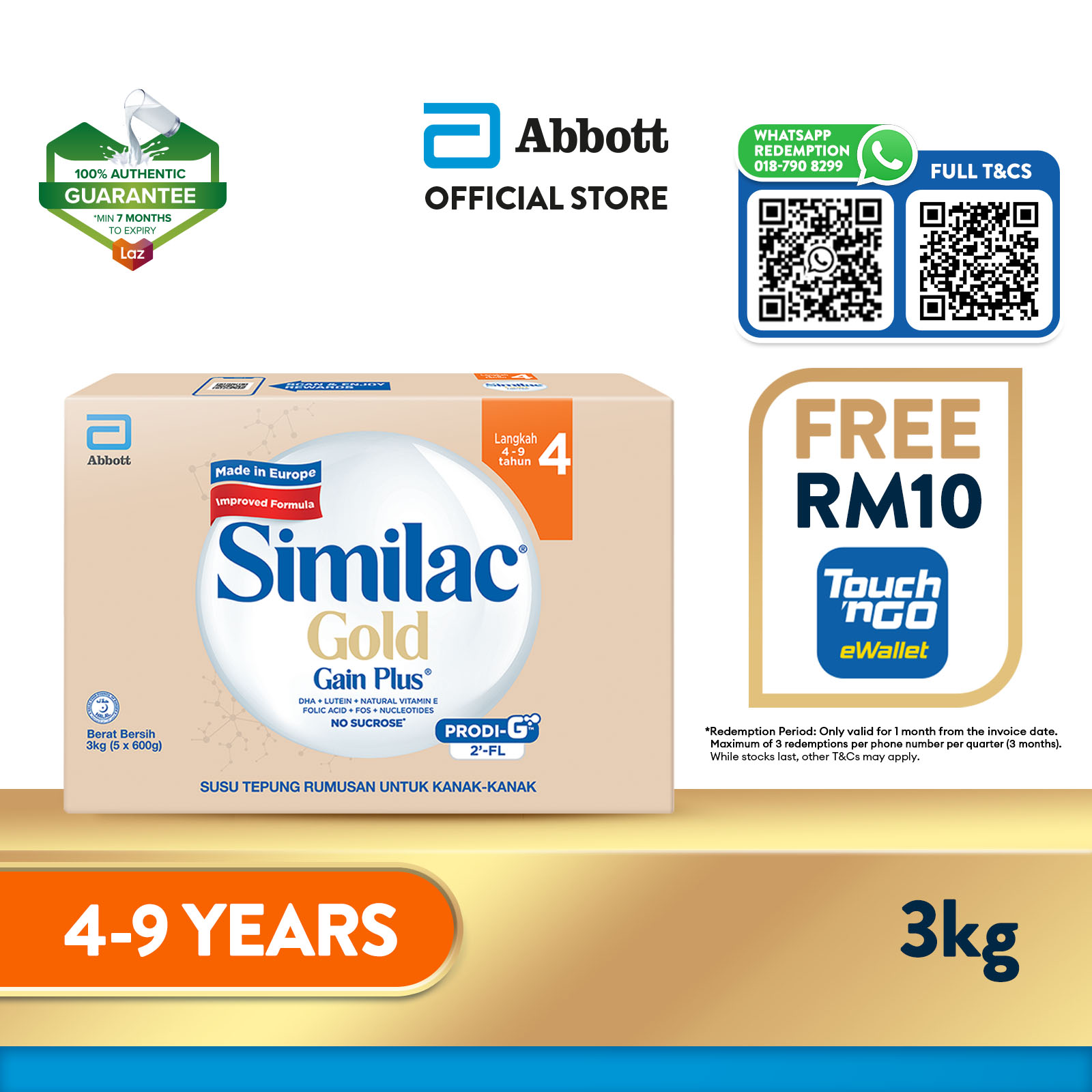 [Whatsapp Redemption] Similac Gold Gain Plus Step 4 Milk Formula 3kg FREE RM10 TNG E-Wallet (Growing Up Milk for Faster Learning)