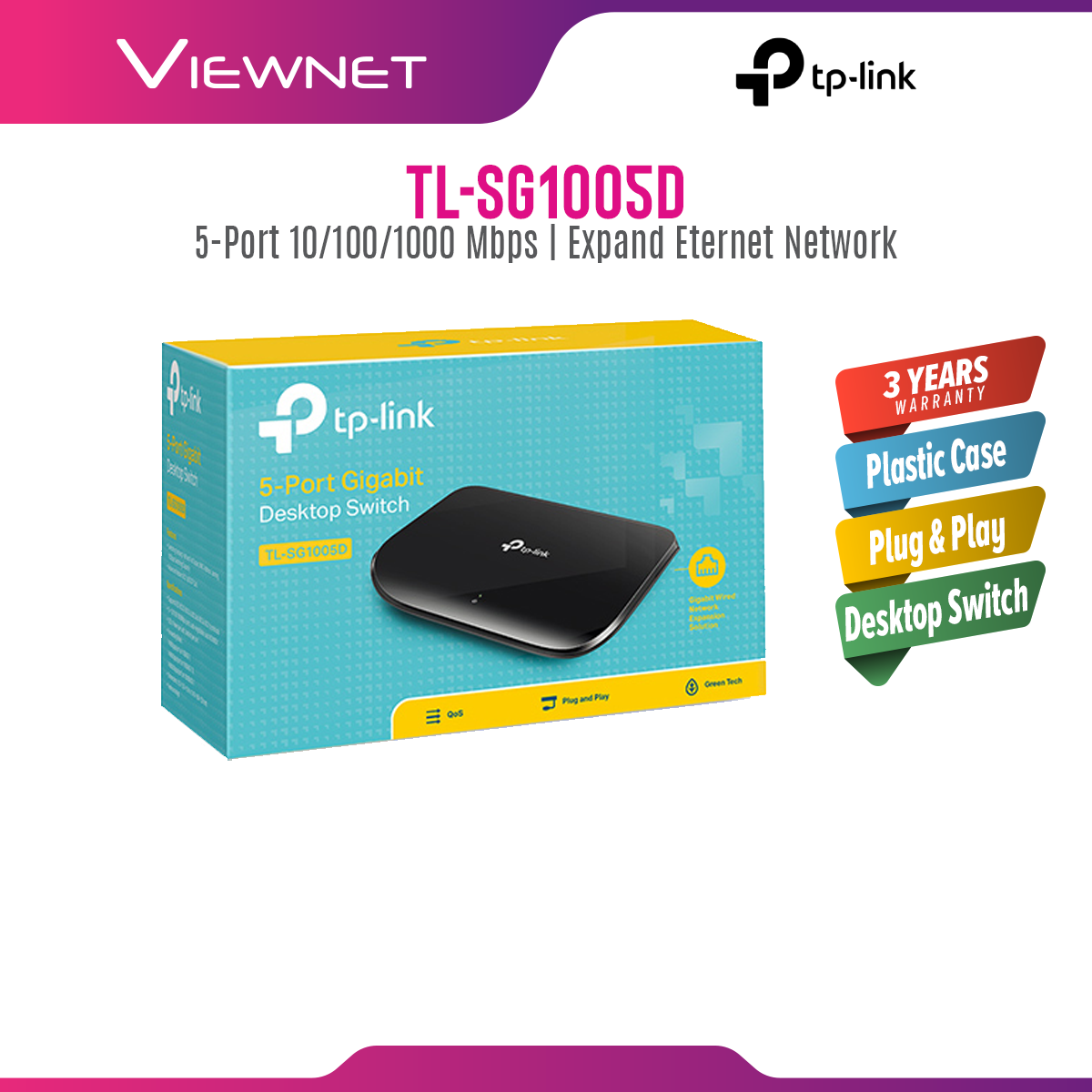 TP-LINK TL-SG1005D 5 port Desktop Gigabit Switch, 5 10/100/1000M RJ45 ports (plastic case)