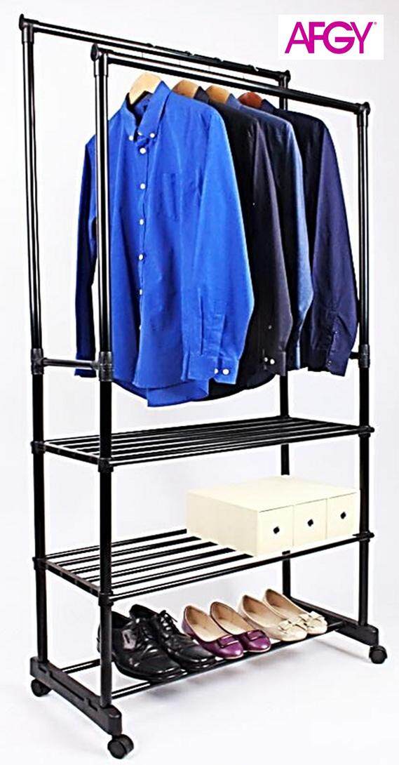 AFGY FGR 255 Heavy Duty Double Pole Garment Rack With Shelf