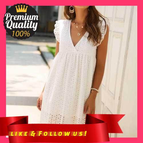 People's Choice Fashion Women Solid Color Dress V Neck Short Sleeve Hollow Out Sweet Casual Summer Mini Dress (White)