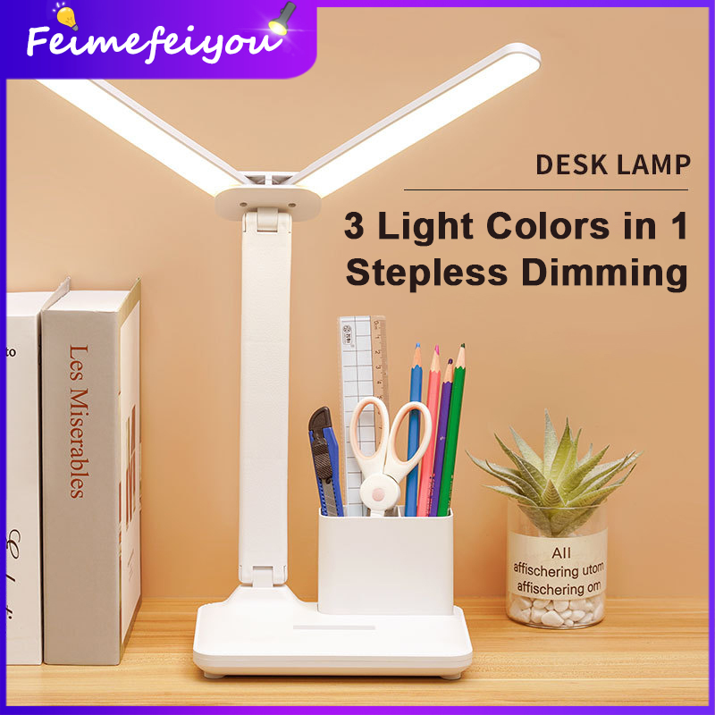 led table lamp light for study 桌灯 台灯 书灯 lampu meja belajar light led table desk lamp for study student bedroom room led clock dispaly USB rechargeable reading lamp with pen holder 2 heads 180° rotate stepless dimming 3 light color in 1 lamp