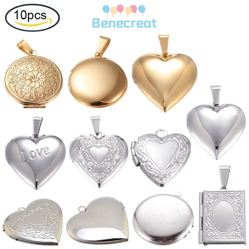 Benecreat Elite 10 pcs 304 Stainless Steel Heart Shape Photo Locket
