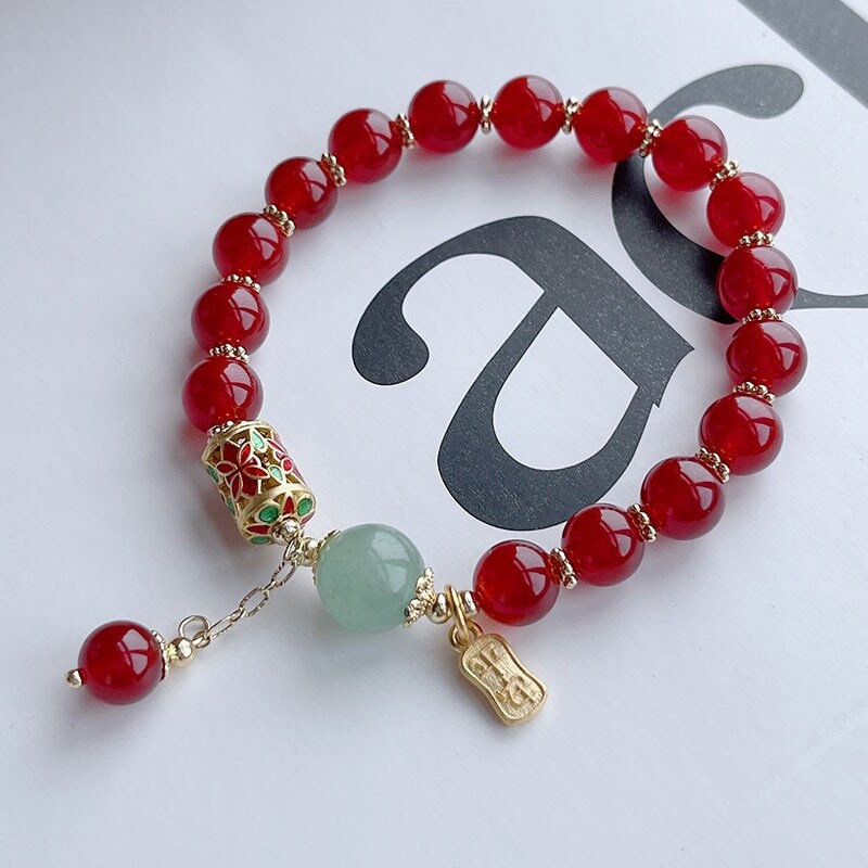 (Jump)New Arrival Animal Year Cloisonne Prayer Wheel Lucky Charm Natural Red Agate Beaded Bracelets for Women Fine Jewelry YBR743