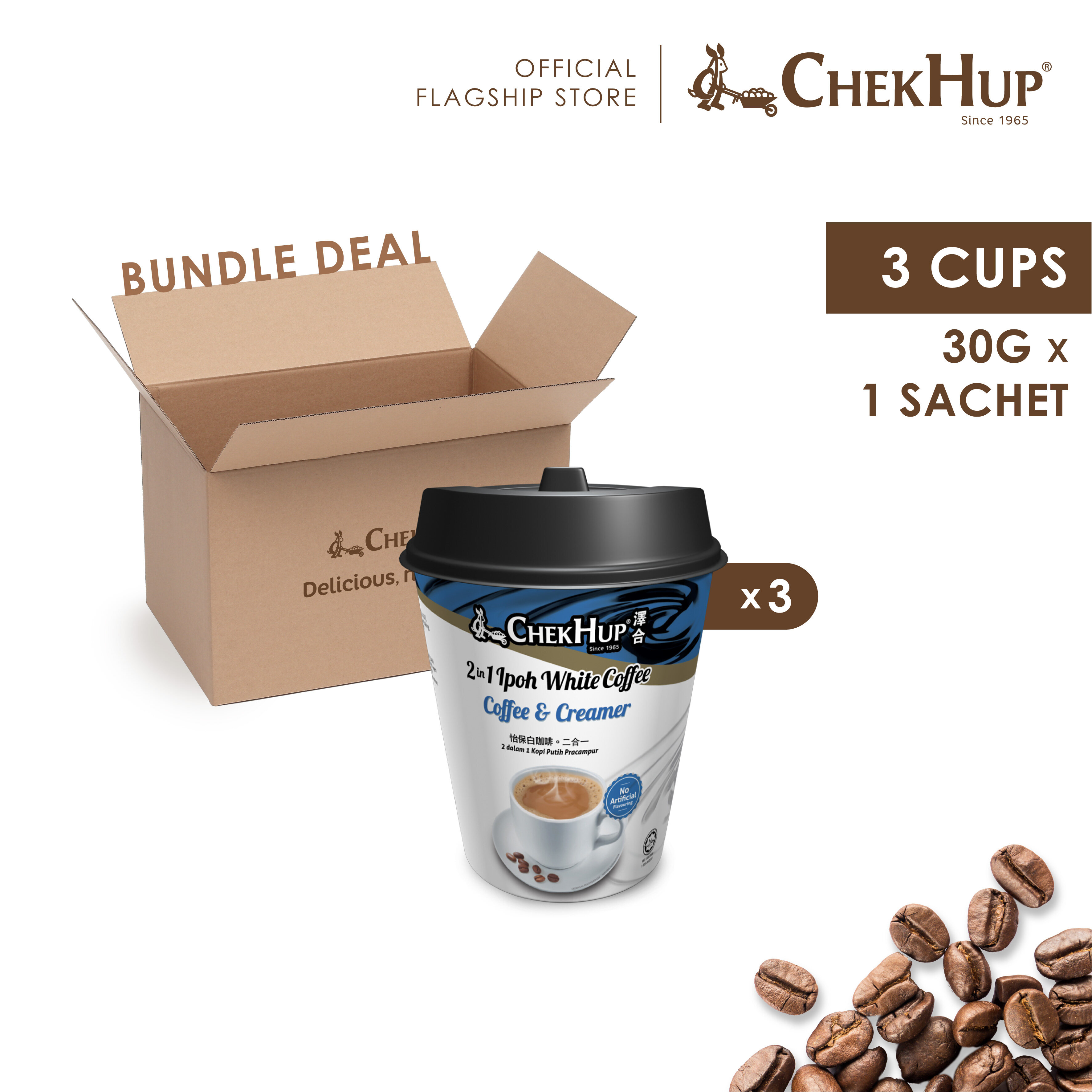 Chek Hup 2 in 1 Ipoh White Coffee & Creamer (30g x 3 Cups)  [Bundle of 3]