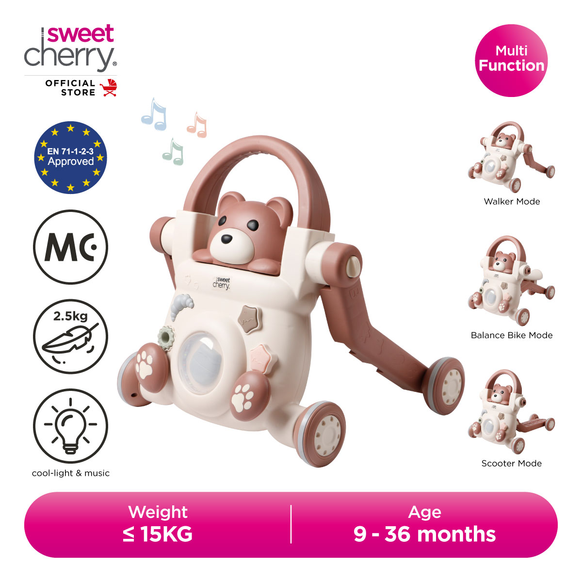Sweet Cherry Sit-to-Stand Multi-Function Learning Walker Teddy 3-In-1 Baby Walker (SC002)