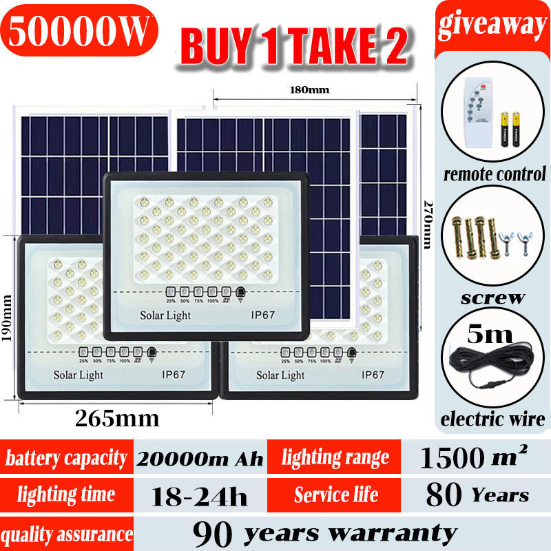 🎁BUY 1 TAKE 2🎁Lampu Solar Light 50000W Solar Flood Light LED Light waterproof Street Lamp heavy duty with solar Waterproof panel bulb garden lamp outdoor original