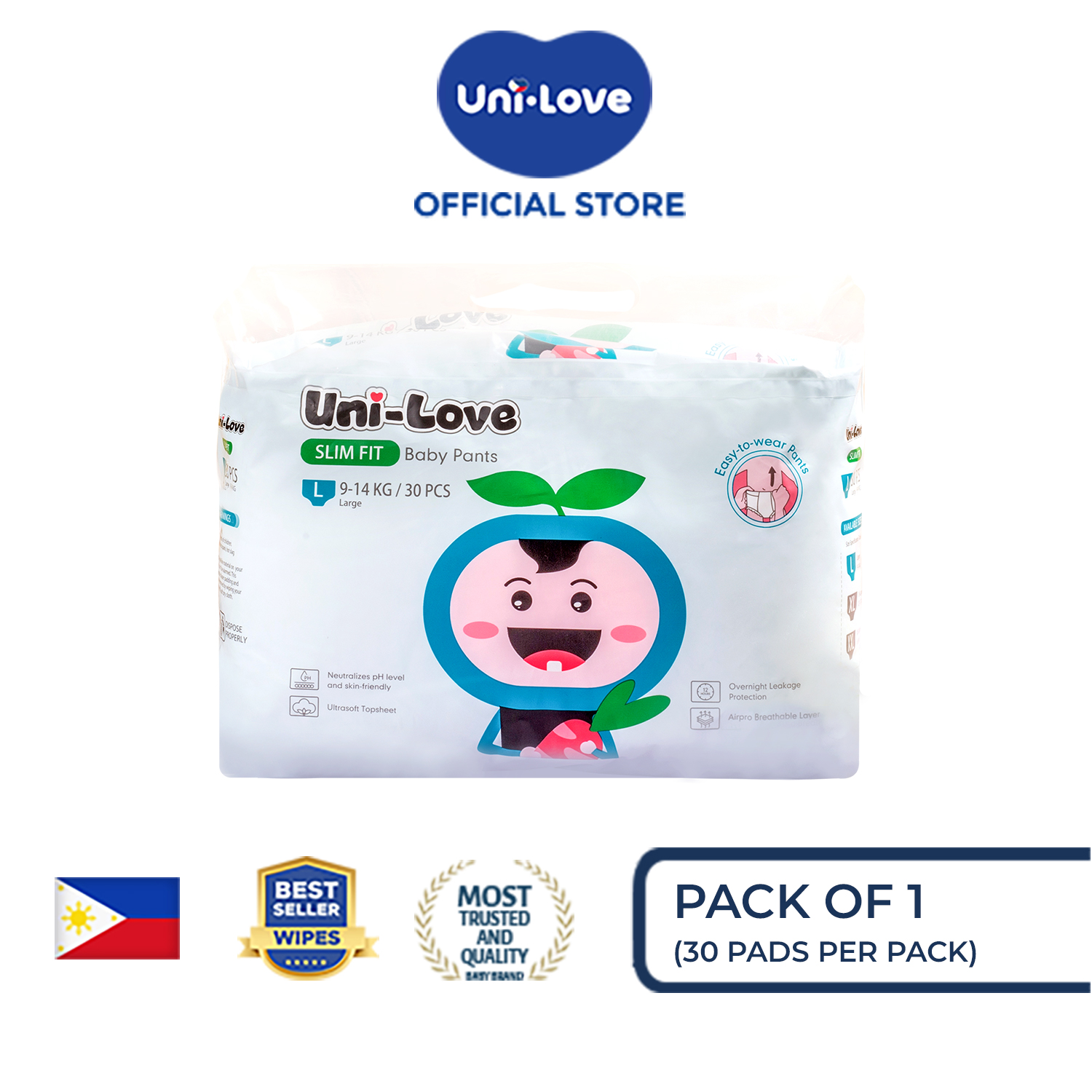 UniLove Slim Fit Baby Pants 30s (Large) Pack of 1 - Hypoallergenic | Super Absorbent | Ultrasoft | Neutralizes PH Level | Double Leakguard | Pants type | Breathable