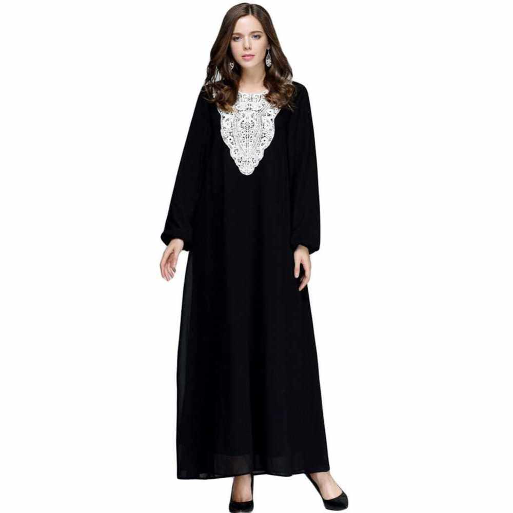 Muslim Women Plus Size Chiffon Maxi Dress Appliqu Round Neck Long Sleeves Abaya Islamic Casual Robe Kaftan Turkish Long Dress (Black)