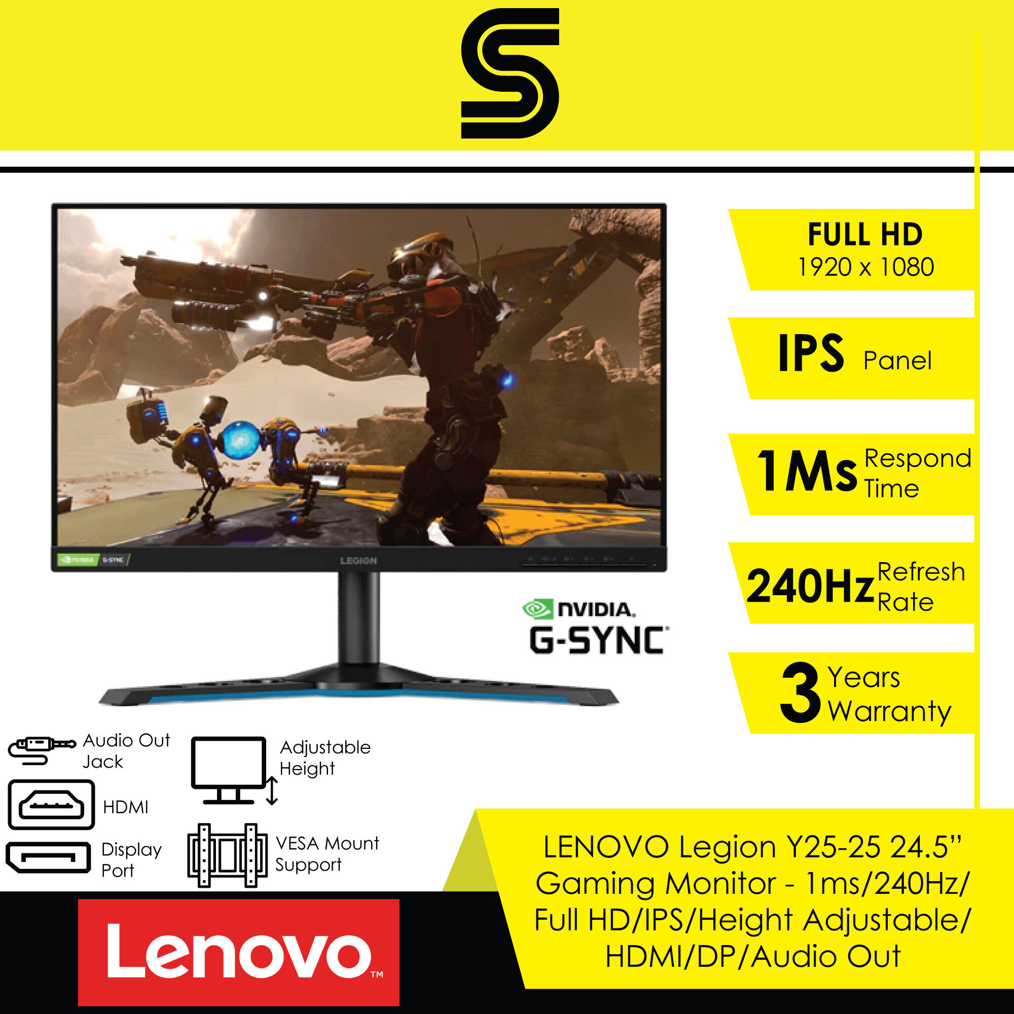 LENOVO Legion Y25-25 Gaming Monitor - 24.5"/1ms/240Hz/FHD/IPS Panel/HDMI/DP/Audio Out/Height Adjust Stand/VESA/NVIDIA G-SYNC Compatible/AMD Radeon Free-Sync Premium