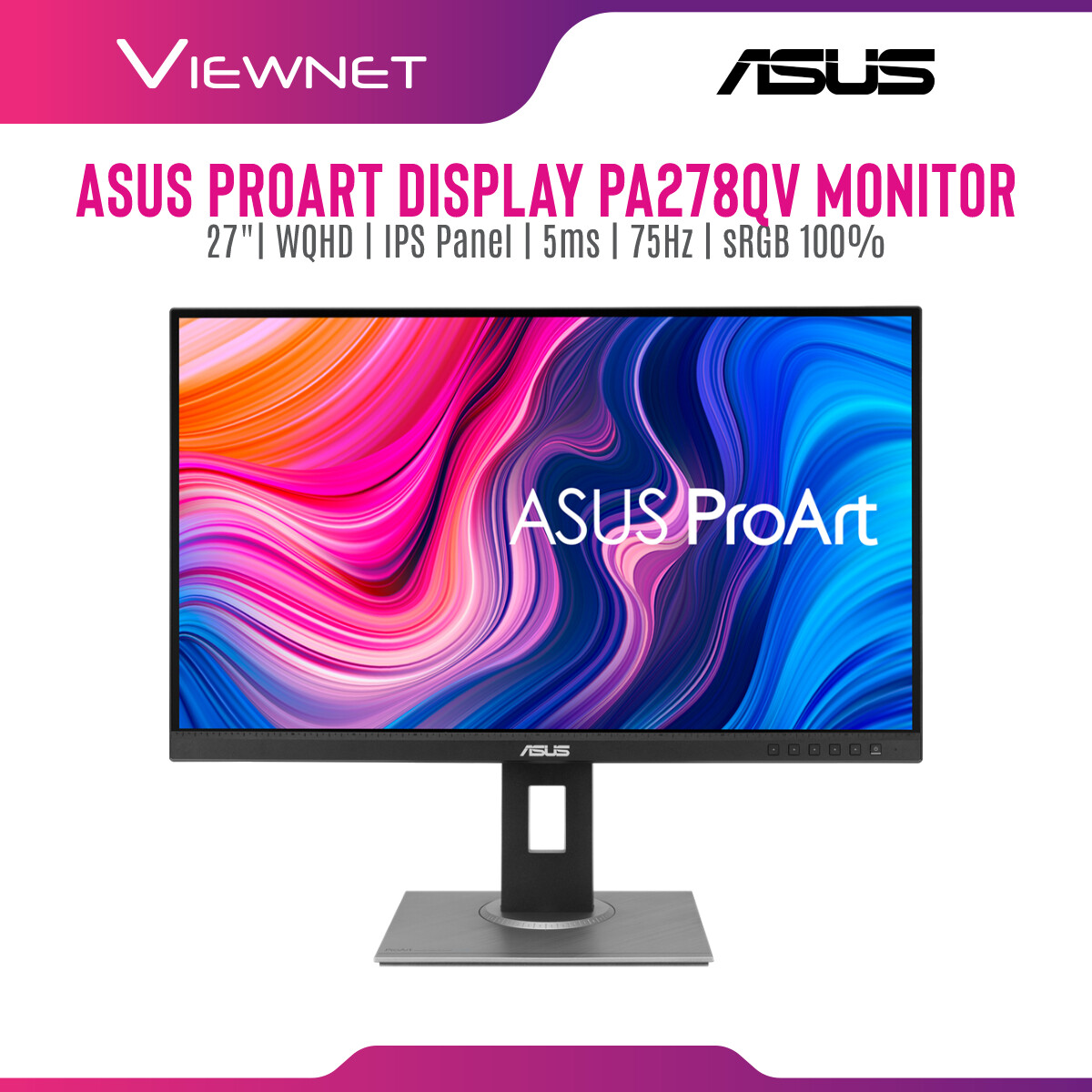 MONITOR ASUS LED PROART FLAT 27" PA278QV Professional Monitor (IPS, 5ms(GTG), 75Hz, Color Accuracy ΔE < 2, Calman Verified)